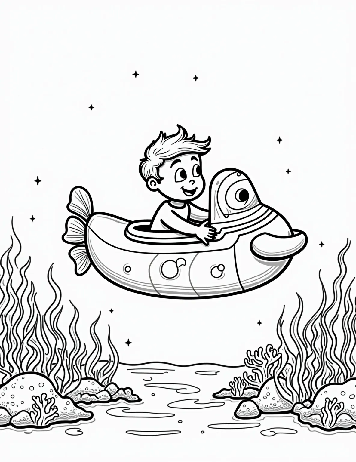 Underwater Explorer Submarine Coloring Page -- prompt: "black lines only Cheerful boy pilots miniature submarine through vibrant undersea realm. Bold outlines frame whimsical fish, swirling coral, and quirky sea creatures. Simple shapes and patterns create playful scene perfect for coloring. Bubbles and seaweed add movement to underwater adventure. Fun, educational design inspires creativity and ocean exploration. flat black lines, premium coloring page, coloring sheet, line drawing, Coloring Book, NO COLOR, NO SHADING, WHITE BACKGROUND. NO GRAY, BLACK AND WHITE, NO COLOR" -- Dive into an oceanic adventure with this captivating underwater explorer submarine coloring page. It showcases a boy piloting a mini-submarine through a vibrant coral reef teeming with sea life. This page is perfect for boys fascinated by marine biology and underwater exploration.