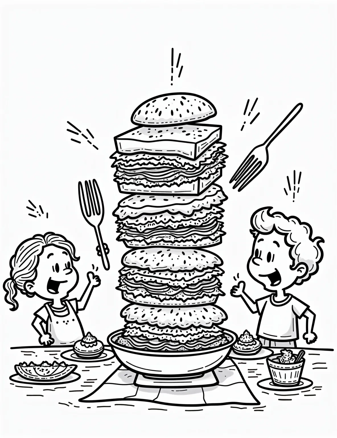 Thanksgiving Leftover Feast Coloring Page -- prompt: "black lines only Playful kitchen scene with family creating Thanksgiving leftover dishes. Bold outlines frame quirky sandwich towers, bubbling casseroles, and creative concoctions. Oversized utensils, exaggerated expressions, and comical food combinations fill the page. Empty spaces await colorful imagination. Laughter-filled culinary adventure unfolds flat black lines, premium coloring page, coloring sheet, line drawing, Coloring Book, NO COLOR, NO SHADING, WHITE BACKGROUND. NO GRAY, BLACK AND WHITE, NO COLOR" -- Celebrate the joy of Thanksgiving leftovers with this humorous coloring page. The scene shows a family creatively repurposing their holiday meal into sandwiches, soups, and casseroles. This page is a fun way to discuss food waste reduction and creative cooking.