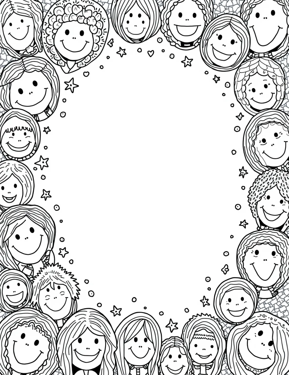 Oval Face Funny Portraits -- prompt: "black lines only Playful coloring book page featuring a diverse array of simple oval face outlines. Each face awaits personalization with expressive features. Bold, chunky lines perfect for young artists. Sprinkled with cheerful doodles like stars, hearts, and swirls. Inviting layout encourages creativity and self-expression. flat black lines, premium coloring page, coloring sheet, line drawing, Coloring Book, NO COLOR, NO SHADING, WHITE BACKGROUND. NO GRAY, BLACK AND WHITE, NO COLOR" -- Put on a happy face with this oval-themed portrait coloring page. A collection of funny face outlines showcases how ovals can be used as the basis for creating characters. This page encourages creativity in adding features to the oval faces.