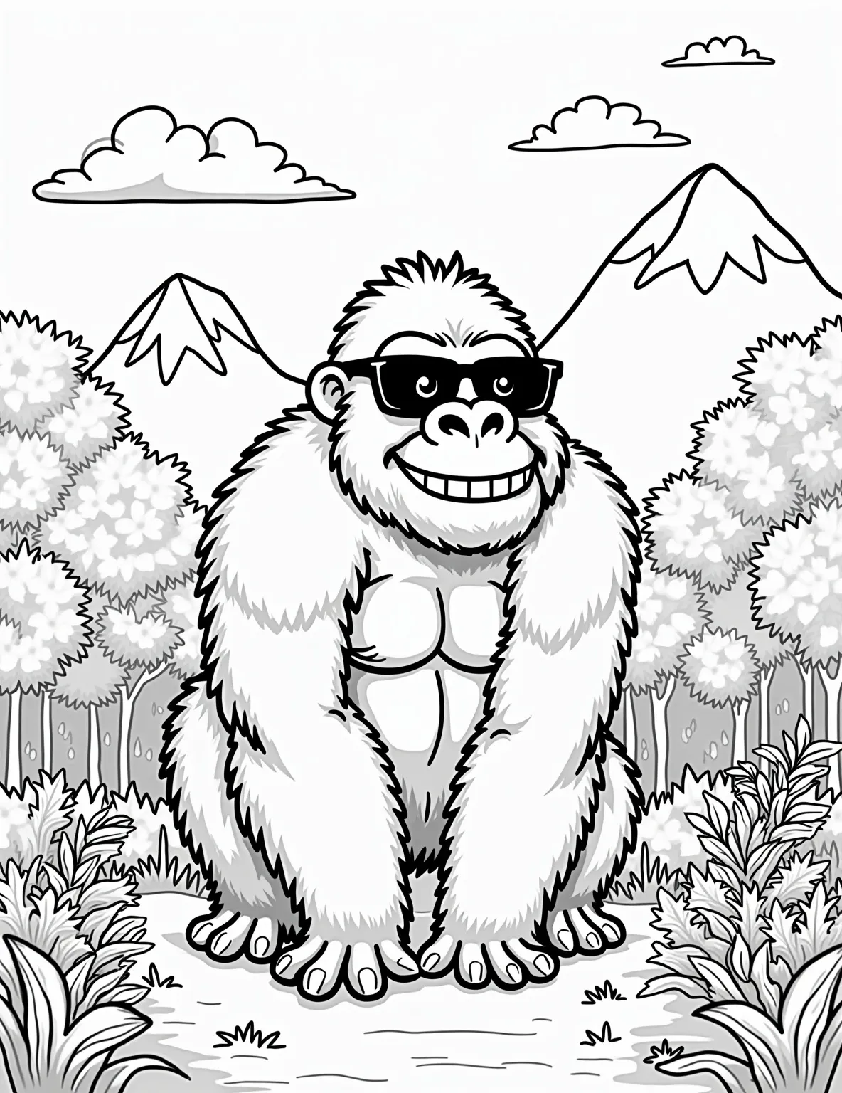 Mighty Gorilla in the Mist Coloring Page -- prompt: "black lines only Coloring page of majestic silverback gorilla in mountain clearing. Bold outlines define muscular form, fur texture. Misty forest backdrop with stylized trees, ferns, flowers. Gorilla's expressive eyes convey wisdom. Vegetation patterns offer creative coloring opportunities. Peaceful scene captures gorilla's natural habitat. flat black lines, premium coloring page, coloring sheet, line drawing, Coloring Book, NO COLOR, NO SHADING, WHITE BACKGROUND. NO GRAY, BLACK AND WHITE, NO COLOR" -- Explore the jungle with this powerful gorilla coloring page. The imposing figure of the gorilla emerging from misty surroundings showcases the majesty of these great apes. Perfect for those who appreciate primate coloring pages and atmospheric scenes.