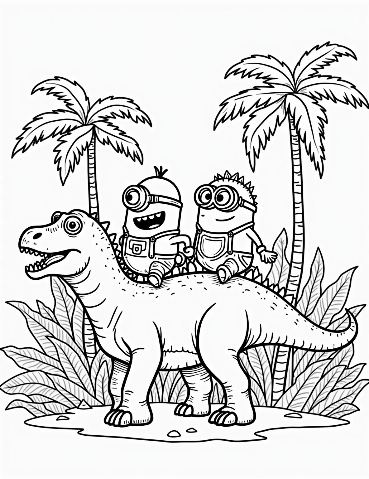 Minion Dinosaur Discovery -- prompt: "black lines only Playful Minions frolic with friendly dinosaurs in a lush prehistoric jungle. Bold outlines define cartoon characters and vibrant flora. Oversized leaves, chunky tree trunks, and simple geometric shapes create an engaging coloring book scene. Smiling faces and exaggerated expressions convey joy and excitement. flat black lines, premium coloring page, coloring sheet, line drawing, Coloring Book, NO COLOR, NO SHADING, WHITE BACKGROUND. NO GRAY, BLACK AND WHITE, NO COLOR" -- Join the Minions on a prehistoric adventure in this exciting coloring page! Our intrepid yellow explorers have stumbled upon a group of friendly dinosaurs in a lush Jurassic landscape. This page is ideal for kids who love dinosaurs and imagining wild encounters.