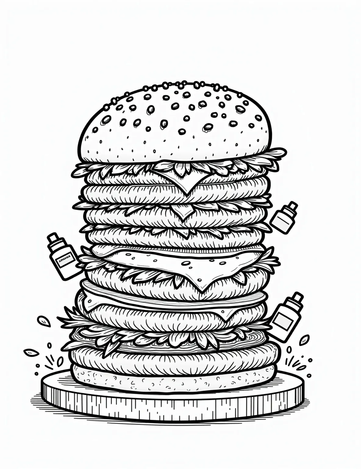 Gourmet Burger Paradise Coloring Page -- prompt: "black lines only Towering gourmet burger with playful, bold outlines. Layers of patties, cheese, veggies, and sauces peek out. Cartoon-style bun with sesame seeds. Chunky shapes perfect for coloring. Cheerful composition evokes mouthwatering anticipation. Fun food adventure awaits young artists. Stylized condiment bottles surround flat black lines, premium coloring page, coloring sheet, line drawing, Coloring Book, NO COLOR, NO SHADING, WHITE BACKGROUND. NO GRAY, BLACK AND WHITE, NO COLOR" -- Sink your teeth into our Gourmet Burger Paradise coloring page! This mouthwatering scene features a towering burger with all the fixings, from juicy patties to crisp lettuce and melty cheese. Perfect for food lovers of all ages, this detailed design allows you to bring your dream burger to life with vibrant colors.