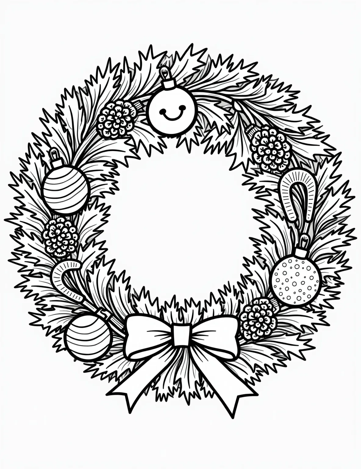 Festive Christmas Wreath Coloring Page -- prompt: "black lines only A festive Christmas wreath coloring page with bold outlines. Pine cones, holly berries, and swirling ribbons intertwine. Cheerful ornaments and candy canes peek through evergreen branches. Snowflakes dance around the circular design, inviting creative color choices. A jolly Santa face flat black lines, premium coloring page, coloring sheet, line drawing, Coloring Book, NO COLOR, NO SHADING, WHITE BACKGROUND. NO GRAY, BLACK AND WHITE, NO COLOR" -- Celebrate the beauty of holiday decorations with this detailed Christmas wreath coloring page. The wreath is adorned with pine cones, holly berries, ribbons, and other festive elements. It's a great way to appreciate the intricate designs of Christmas decorations.