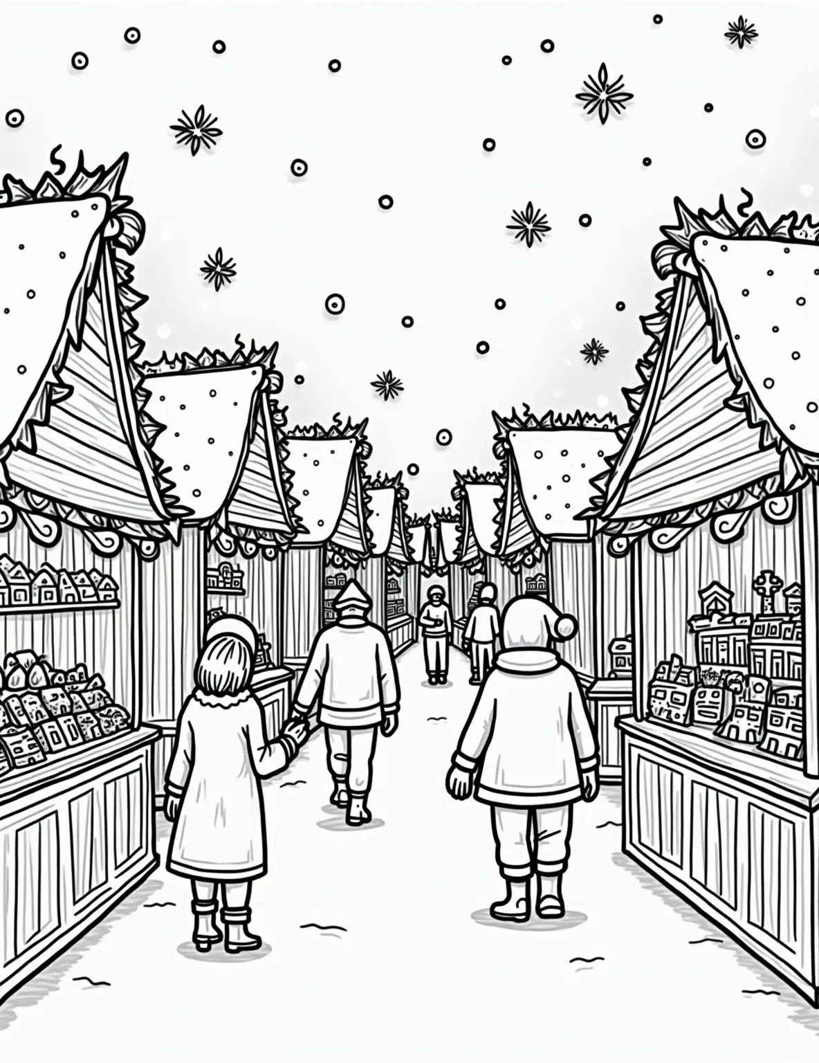 Christmas Market Stalls Coloring Page -- prompt: "black lines only Festive Christmas market coloring page. Bold outlines of wooden stalls selling ornate baubles, steaming mugs, and gingerbread. Swirling garlands, twinkling lights, and a towering tree. Cheerful shoppers, carolers, and a jolly Santa. Snowflakes falling gently. Fun, simple shapes for easy coloring. flat black lines, premium coloring page, coloring sheet, line drawing, Coloring Book, NO COLOR, NO SHADING, WHITE BACKGROUND. NO GRAY, BLACK AND WHITE, NO COLOR" -- Experience the charm of a European Christmas market with this detailed coloring page. The scene is filled with festive market stalls selling ornaments, gingerbread, hot cocoa, and other holiday treats. It's a great way to explore different Christmas traditions through coloring.