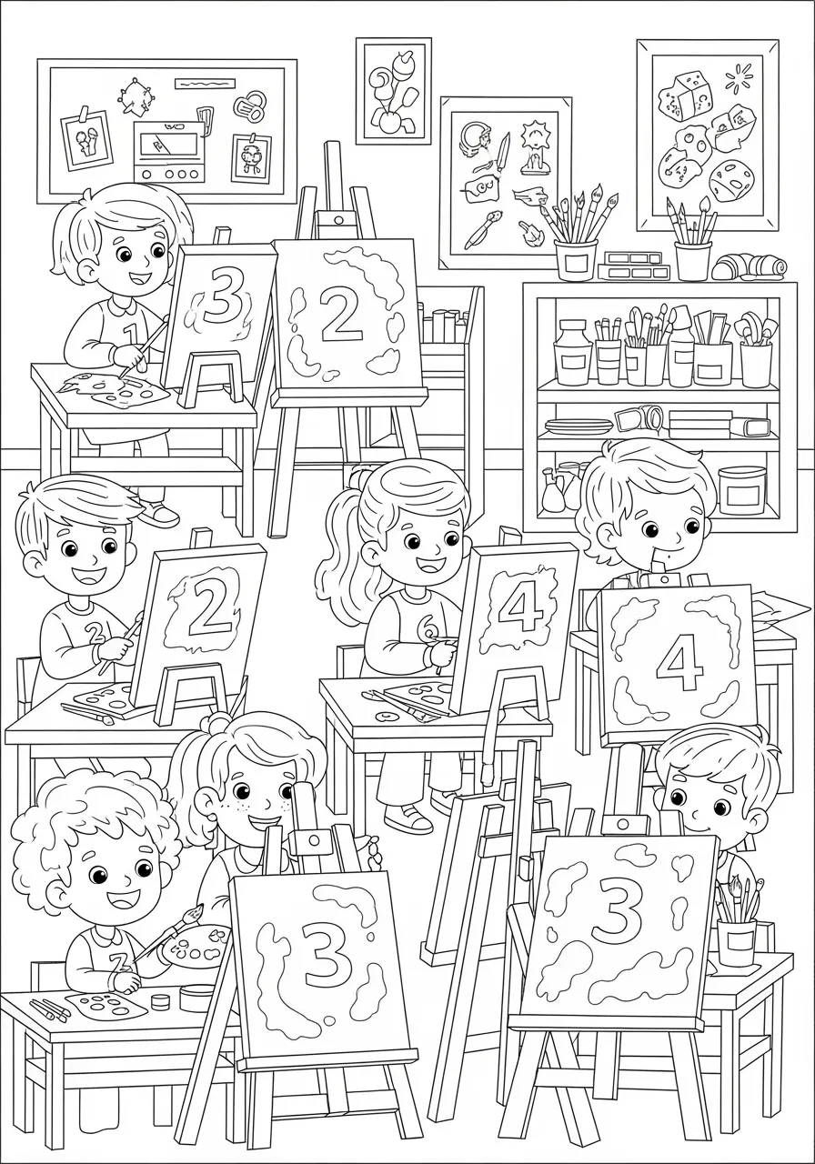 Number Art Studio Workshop Coloring Page -- prompt: "black lines only Fun coloring book style art studio scene with bold black outlines, happy cartoon students painting at numbered easels 1-33, organized supply containers with clear numbers, blank canvas spaces ready for coloring, cheerful educational atmosphere flat black lines, premium coloring page, coloring sheet, line drawing, Coloring Book, NO COLOR, NO SHADING, WHITE BACKGROUND. NO GRAY, BLACK AND WHITE, NO COLOR" -- Step into an artist's studio where numbered canvases from 1 to 33 line the walls and art supplies are organized in numbered containers. Student artists work at numbered easels while the instructor demonstrates techniques using numbered color wheels. This creative environment celebrates both artistic expression and organizational skills.