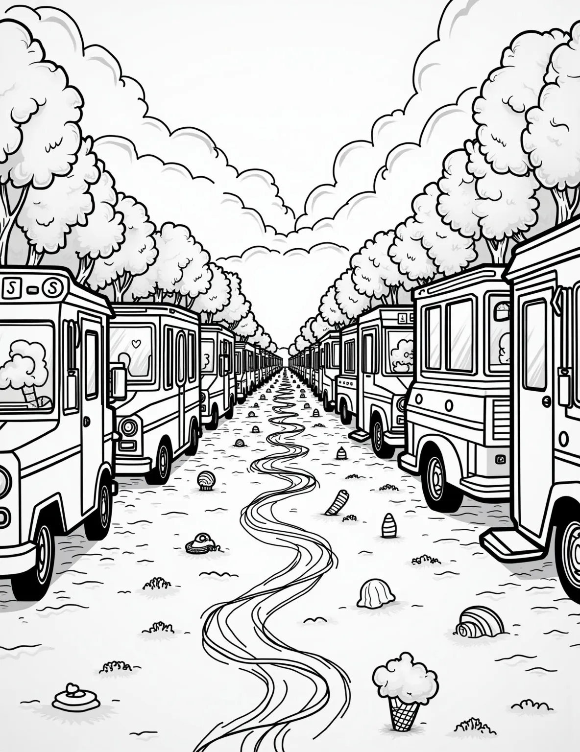 Ice Cream Food Truck Festival -- prompt: "black lines only Cheerful park bustling with cartoon-style ice cream trucks, each uniquely decorated. Smiling families queue in winding lines. Trees with exaggerated leaves frame the scene. Playful details like melting ice cream, flying balloons, and excited pets await coloring. Bold outlines define flat black lines, premium coloring page, coloring sheet, line drawing, Coloring Book, NO COLOR, NO SHADING, WHITE BACKGROUND. NO GRAY, BLACK AND WHITE, NO COLOR" -- Join the festival of flavors with this bustling food truck scene. Various ice cream trucks and stands are gathered in a park, each offering unique and creative frozen treats. The lively atmosphere and diverse designs make this page a joy to color.