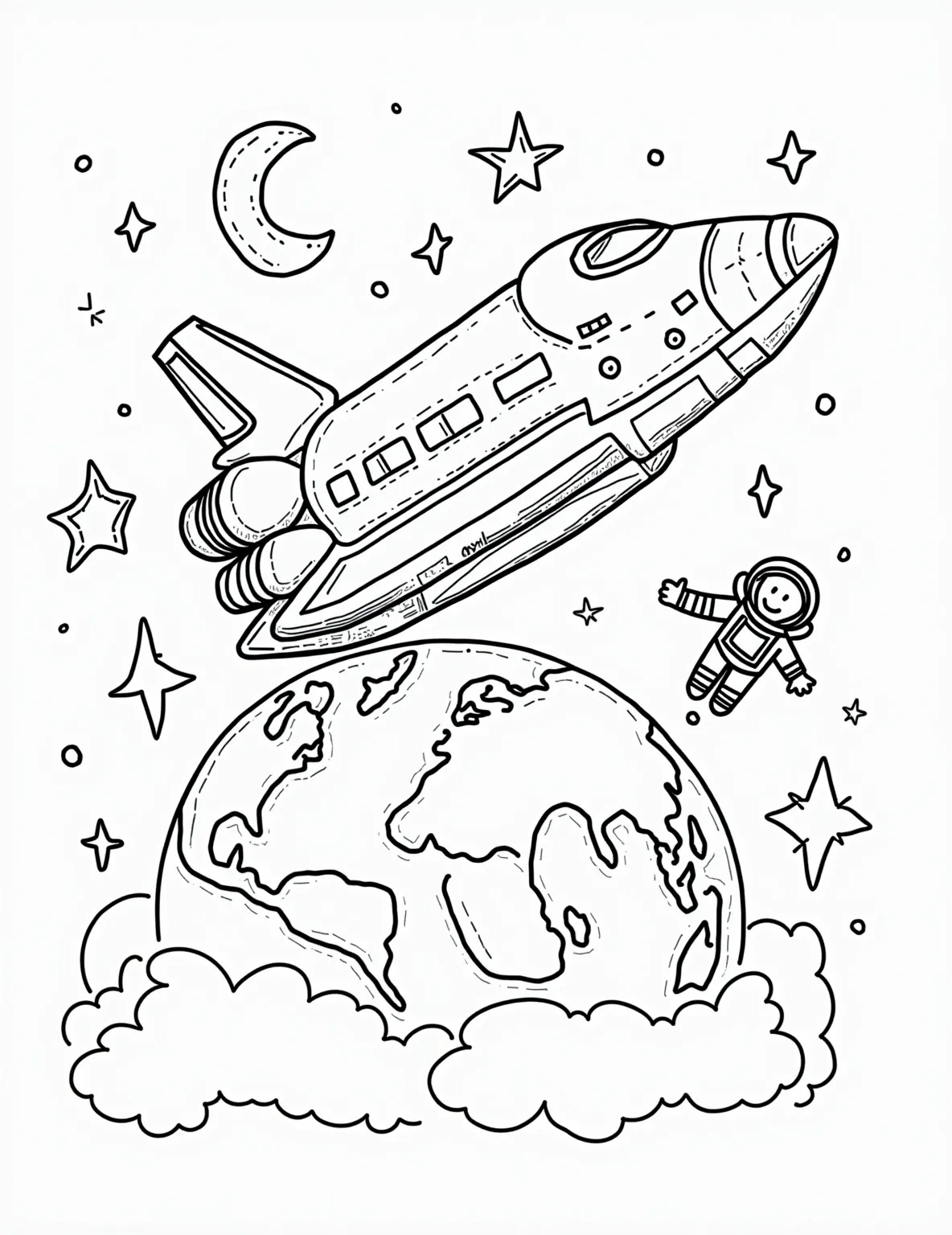 Space Shuttle in Orbit -- prompt: "black lines only Chunky space shuttle outline with Earth below, cargo bay doors wide open. Stars dot background. Astronaut floats outside, tethered. Moon peeks from corner. Thick lines perfect for coloring. Shuttle panels, Earth continents, and spacesuit details await vibrant hues. Fun orbital adventure flat black lines, premium coloring page, coloring sheet, line drawing, Coloring Book, NO COLOR, NO SHADING, WHITE BACKGROUND. NO GRAY, BLACK AND WHITE, NO COLOR" -- Relive the era of the space shuttle with this dynamic coloring page. The iconic spacecraft is shown orbiting Earth, its cargo bay open and ready for a mission. This page is ideal for those who admire the engineering marvels of space travel.