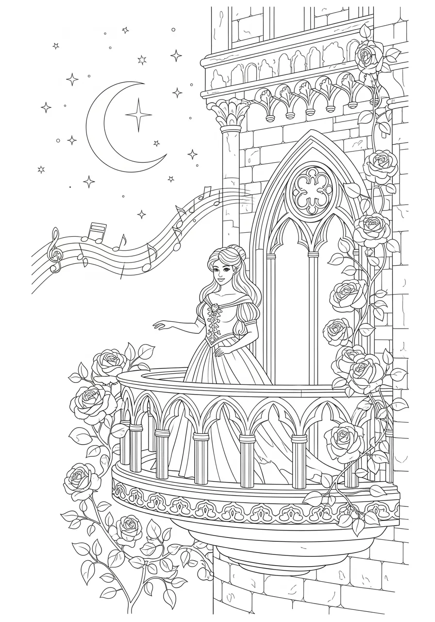 Princess Moonlight Balcony Serenade Coloring Page -- prompt: "black lines only Fun coloring book style princess with flowing gown standing on ornate castle balcony, musical notes floating through air, climbing rose vines with large blooms, crescent moon above, scattered twinkling stars, romantic medieval architecture with decorative stonework flat black lines, premium coloring page, coloring sheet, line drawing, Coloring Book, NO COLOR, NO SHADING, WHITE BACKGROUND. NO GRAY, BLACK AND WHITE, NO COLOR" -- End the day with this romantic coloring page of a princess enjoying a moonlit serenade on her castle balcony. A talented musician plays below in the courtyard while she listens from above. Rose vines climb the balcony railings as stars twinkle in the peaceful night sky.