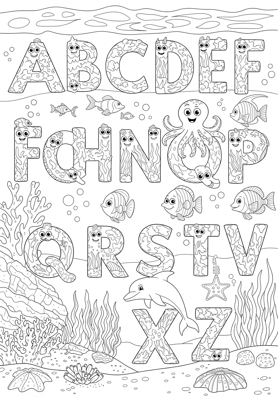 Silly Sea Creature Spelling Bee -- prompt: "black lines only Playful sea creatures morph into alphabet letters, swimming through a vibrant underwater world. Thick, bold outlines define each character, ready for coloring. Coral reefs, seaweed, and bubbles frame the scene, inviting young artists to bring oceanic education to life with crayons. flat black lines, premium coloring page, coloring sheet, line drawing, Coloring Book, NO COLOR, NO SHADING, WHITE BACKGROUND. NO GRAY, BLACK AND WHITE, NO COLOR" -- Dive into literacy with this hilarious underwater alphabet adventure! Quirky sea creatures contort themselves to form each letter, creating a bubbly, giggly learning experience. From an octopus tangled into an 'O' to a school of fish swimming in an 'S' formation, this page promises laughter and learning for kids of all ages.