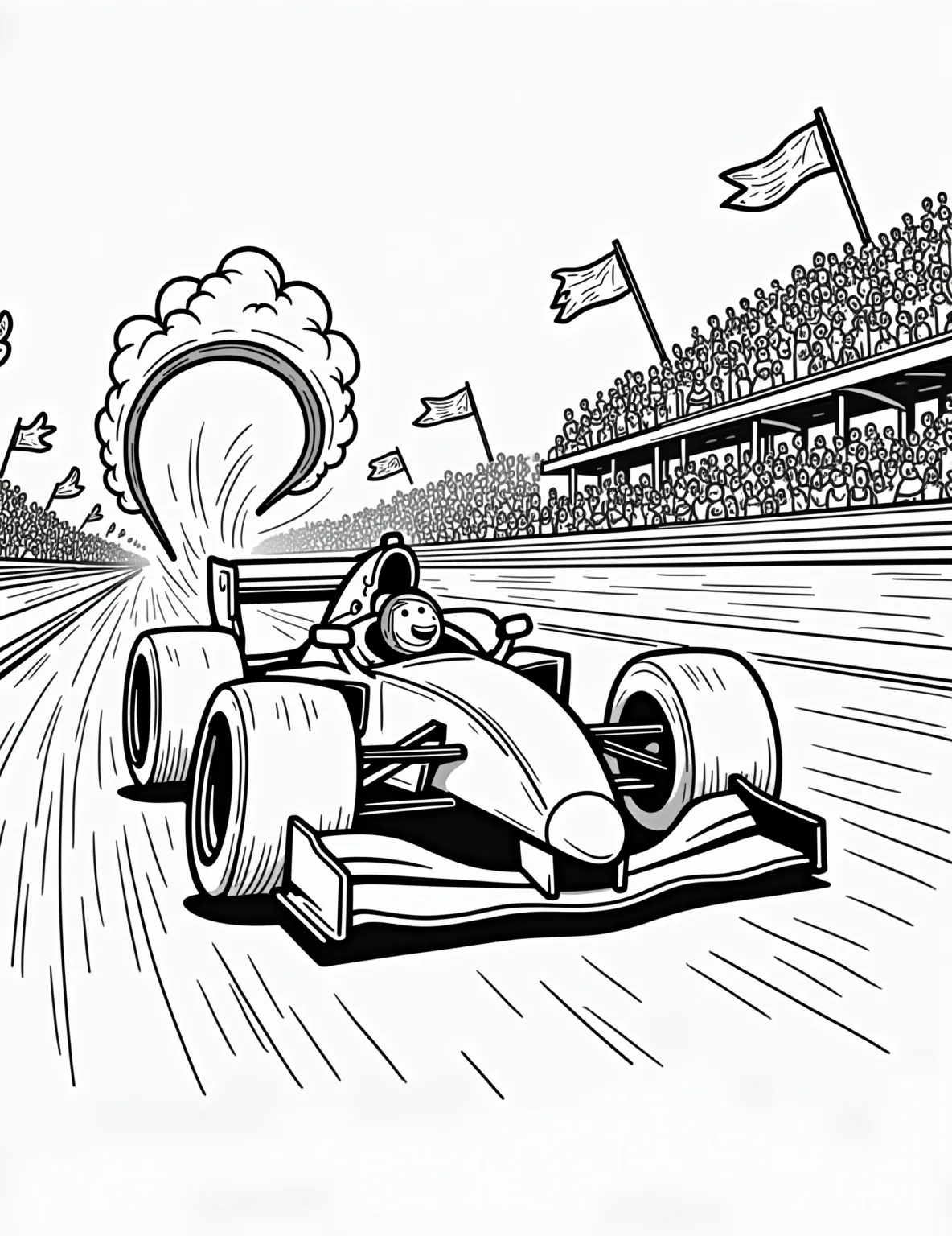 Formula 1 Racer Speeding Through a Curve -- prompt: "black lines only Playful Formula 1 race car zips through curvy track, bold outlines perfect for coloring. Chunky tires, exaggerated aerodynamic features, and cartoonish driver visible. Wavy motion lines and stylized exhaust fumes. Background elements include cheering crowd silhouettes and simplified pit crew. Fun, energetic scene flat black lines, premium coloring page, coloring sheet, line drawing, Coloring Book, NO COLOR, NO SHADING, WHITE BACKGROUND. NO GRAY, BLACK AND WHITE, NO COLOR" -- Experience the thrill of the race with this dynamic Formula 1 car. Shown taking a tight curve at high speed, this coloring page is full of action and detail. It's perfect for those who appreciate the pinnacle of automotive engineering and speed.