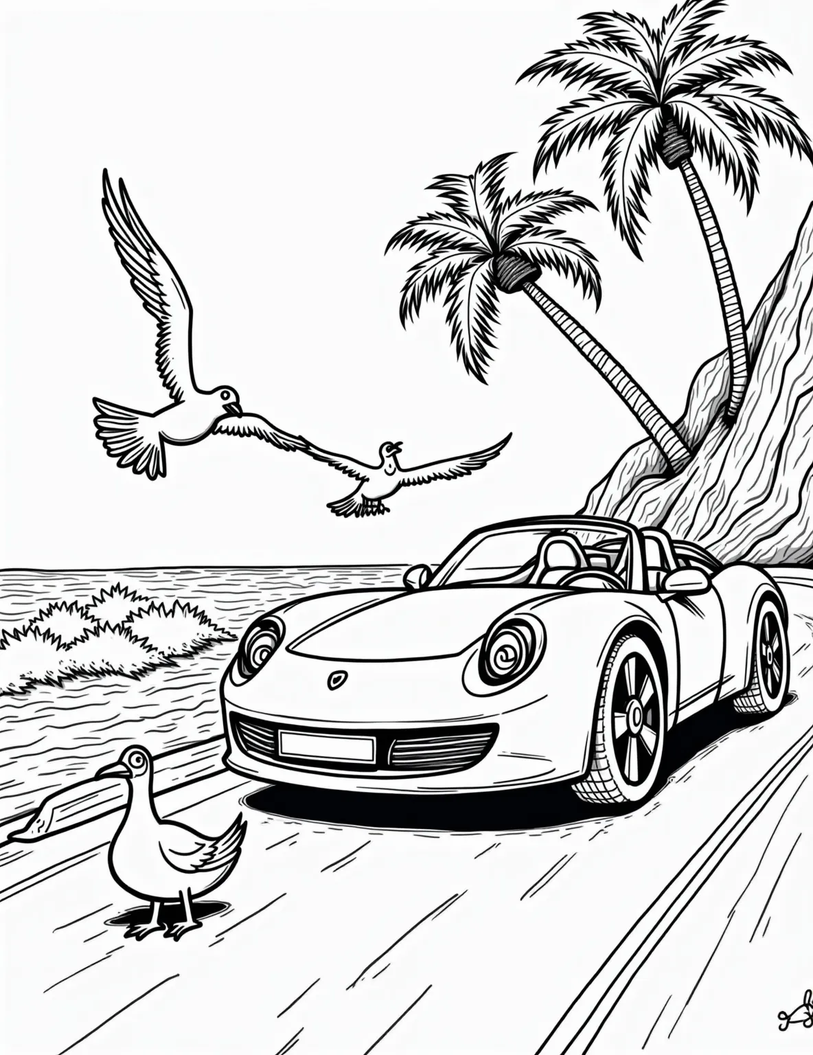 Sleek Sports Car on a Winding Coastal Road -- prompt: "black lines only Sleek sports car outline zooming along curvy coastal road. Bold, thick lines define cliffs, crashing waves, and palm trees. Simple shapes capture car's aerodynamic form. Empty spaces await vibrant colors. Fun, oversized steering wheel visible through windshield. Playful seagulls soar overhead. flat black lines, premium coloring page, coloring sheet, line drawing, Coloring Book, NO COLOR, NO SHADING, WHITE BACKGROUND. NO GRAY, BLACK AND WHITE, NO COLOR" -- Feel the exhilaration of the drive with this sports car navigating a scenic coastal road. With its aerodynamic design and the beautiful seaside backdrop, this coloring page captures the joy of a perfect drive. It's ideal for those who appreciate both automotive beauty and natural landscapes.