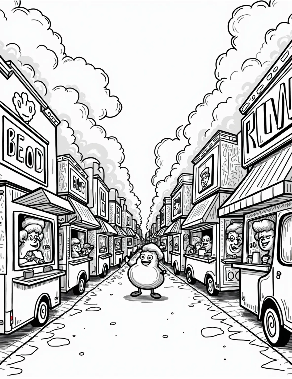 Food Truck Fiesta Coloring Page -- prompt: "black lines only Lively food festival street scene bursting with cartoon-style food trucks, smiling customers, and colorful stalls. Playful outlines perfect for coloring, featuring oversized utensils, steam swirls, and quirky food characters. Bustling atmosphere with exaggerated expressions and fun, simple shapes throughout. Remember to flat black lines, premium coloring page, coloring sheet, line drawing, Coloring Book, NO COLOR, NO SHADING, WHITE BACKGROUND. NO GRAY, BLACK AND WHITE, NO COLOR" -- Join the culinary carnival with our Food Truck Fiesta coloring page! This lively scene features a variety of food trucks offering diverse cuisines, surrounded by hungry patrons. It's a celebration of street food culture that offers a fun and detailed coloring experience for all ages.