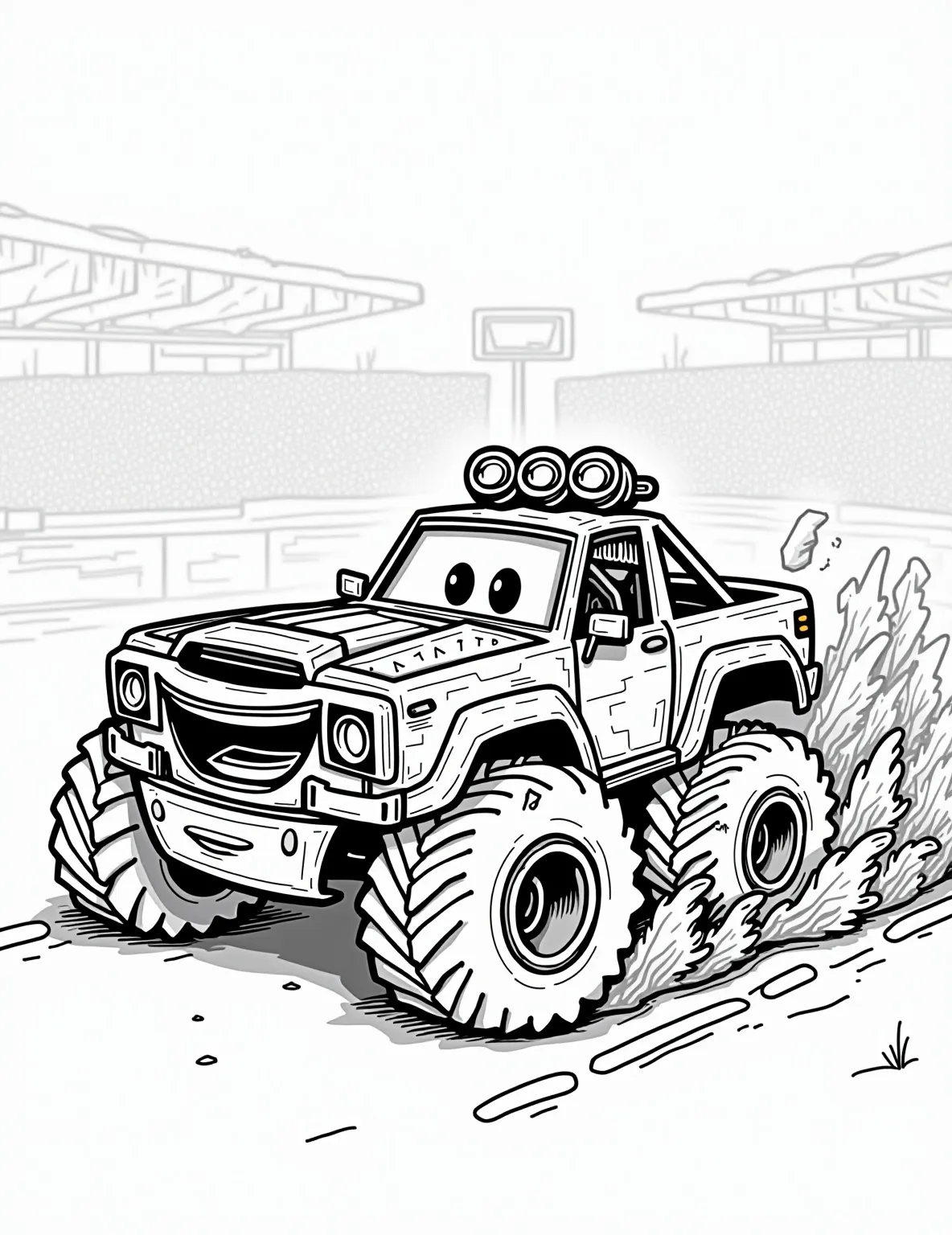 Demolition Derby Warrior -- prompt: "black lines only Chunky outlined demolition derby car, exaggerated features, thick black lines. Reinforced bumpers, oversized tires, cartoonish dents. Bold, simple patterns decorate body. Arena backdrop with basic shapes. Empty spaces invite coloring. Playful, energetic scene ready for creative embellishment. flat black lines, premium coloring page, coloring sheet, line drawing, Coloring Book, NO COLOR, NO SHADING, WHITE BACKGROUND. NO GRAY, BLACK AND WHITE, NO COLOR" -- Get ready for some high-octane action with this battle-ready demolition derby car. Reinforced with protective gear and sporting a fierce design, this vehicle is prepared for the arena. It's an exciting page for those who love the thrill of automotive competitions.