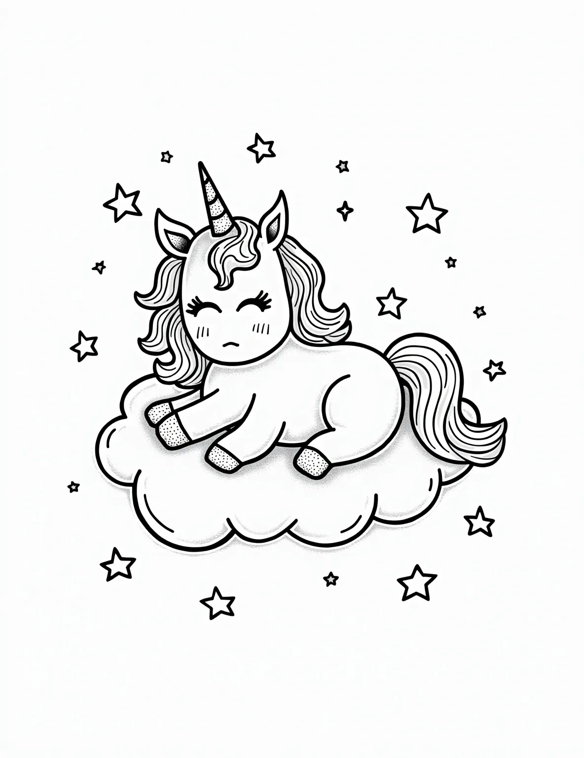 Sleepy Unicorn's Starry Dream -- prompt: "black lines only Adorable unicorn snoozing peacefully on fluffy cloud, surrounded by simple, bold star outlines. Thick, clean lines define magical scene. Mane and tail flow gracefully. Large, closed eyes with long lashes. Horn spirals upward. Stars vary in size. Coloring book page ready for creativity. flat black lines, premium coloring page, coloring sheet, line drawing, Coloring Book, NO COLOR, NO SHADING, WHITE BACKGROUND. NO GRAY, BLACK AND WHITE, NO COLOR" -- This adorable coloring page features a sleepy unicorn nestled on a fluffy cloud, surrounded by twinkling stars. The simple, rounded shapes of the cloud and stars make it perfect for toddlers to practice their coloring skills. It's a magical nighttime scene that will spark young imaginations and create a sense of calm before bedtime.