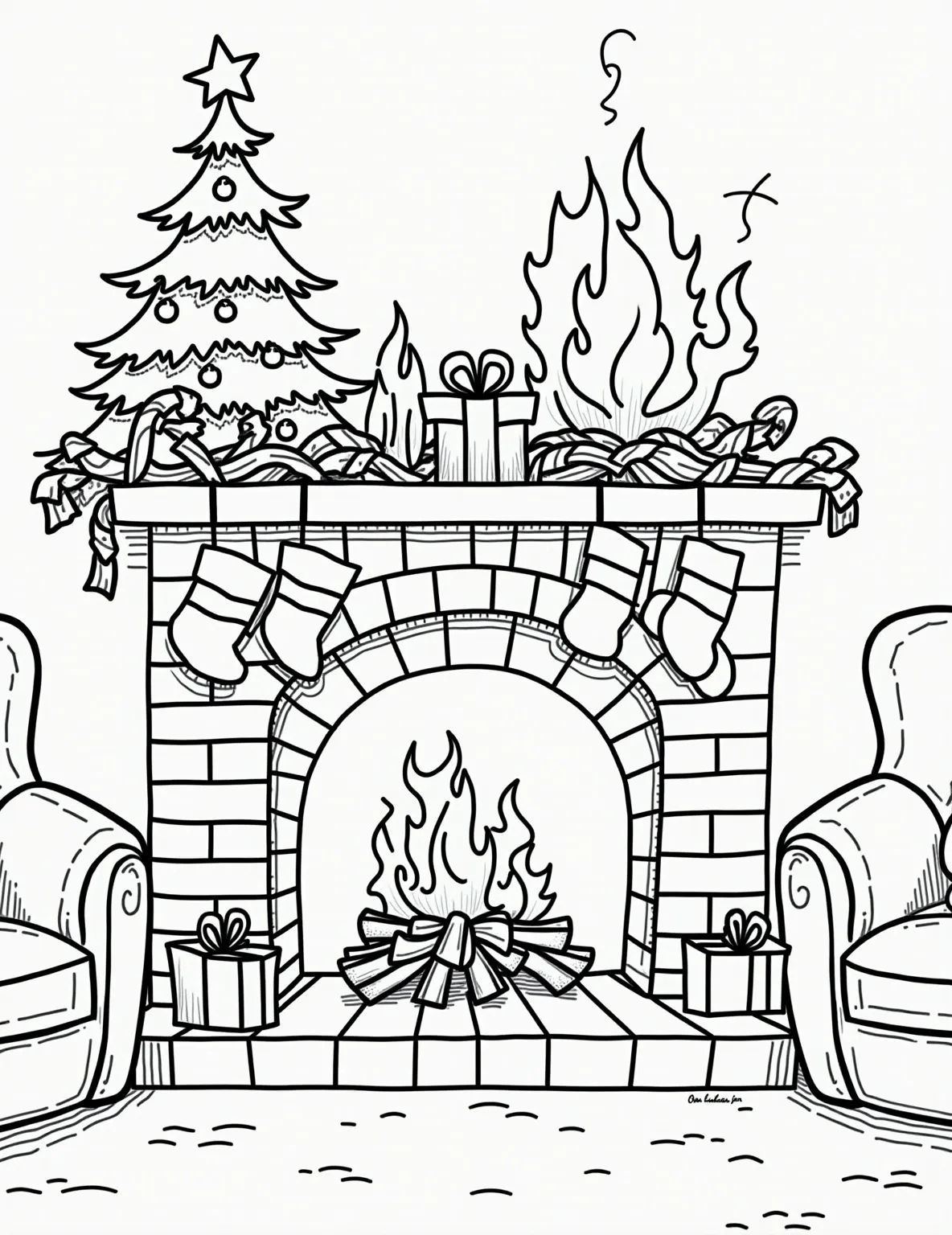 Cozy Christmas Fireplace Coloring Page -- prompt: "black lines only Christmas Eve fireplace scene: Bold outlines frame stockings, garlands, and presents. Chunky flames dance, casting playful shadows. Simplified ornaments and candy canes adorn a nearby tree. Empty spaces invite coloring creativity. Thick lines define cozy armchair and flat black lines, premium coloring page, coloring sheet, line drawing, Coloring Book, NO COLOR, NO SHADING, WHITE BACKGROUND. NO GRAY, BLACK AND WHITE, NO COLOR" -- Warm up your holiday spirit with this inviting Christmas fireplace scene. The coloring page features a beautifully decorated mantel, stockings hung with care, and a crackling fire casting a warm glow. It's an ideal choice for those who love to create a cozy atmosphere with their coloring.