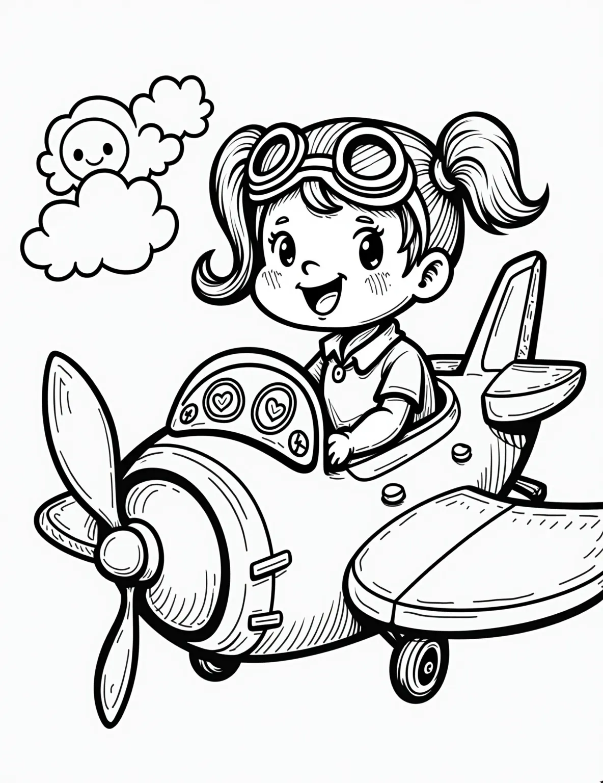 Pilot Girl's Sky Adventure -- prompt: "black lines only Cheerful girl pilot in oversized aviator goggles, seated in simplified cockpit. Bold outlines frame cartoonish controls, dials, and switches. Fluffy clouds and smiling sun visible through window. Empty spaces invite coloring. Playful aviation theme perfect for children's activity book. flat black lines, premium coloring page, coloring sheet, line drawing, Coloring Book, NO COLOR, NO SHADING, WHITE BACKGROUND. NO GRAY, BLACK AND WHITE, NO COLOR" -- Soar through the clouds with this exciting pilot girl coloring page. The young aviator is shown in the cockpit of an airplane, surrounded by dials and controls. The view from the window reveals a beautiful sky scene.