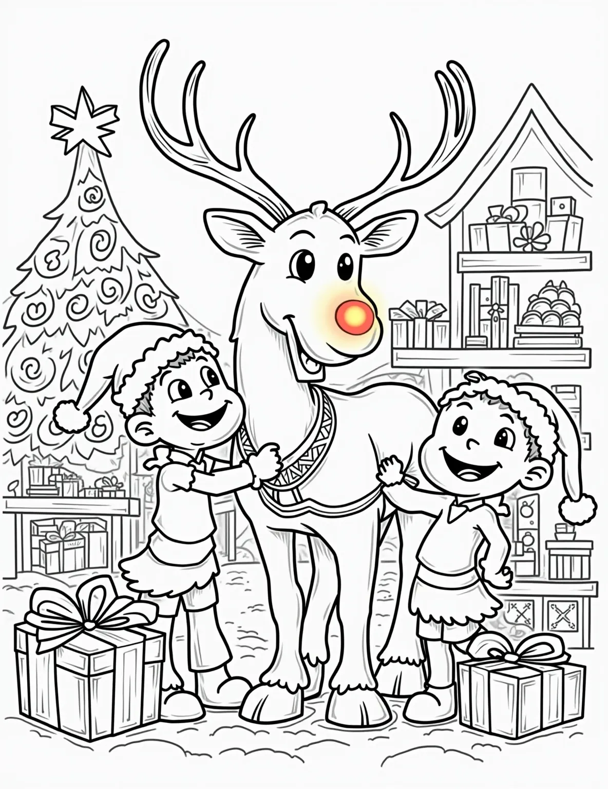 Rudolph's Christmas Eve Preparations -- prompt: "black lines only Rudolph's bulbous red nose glows as elves adjust his flying harness. Santa's workshop bustles with activity, toys scattered about. Simplified outlines perfect for coloring. Cheerful expressions on all faces. Candy canes and gift boxes frame the scene. North Pole magic fills the air. flat black lines, premium coloring page, coloring sheet, line drawing, Coloring Book, NO COLOR, NO SHADING, WHITE BACKGROUND. NO GRAY, BLACK AND WHITE, NO COLOR" -- The excitement of Christmas Eve comes alive in this bustling coloring page! It shows Rudolph getting ready for the big night, being fitted with his special harness as elves scurry around with last-minute preparations. The North Pole workshop in the background adds to the festive atmosphere.