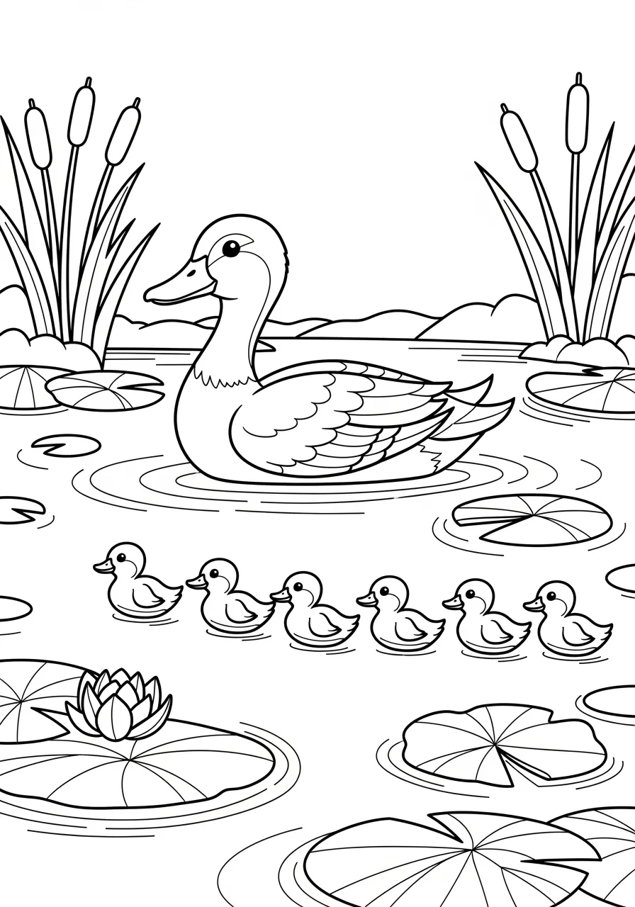 Delightful Duck's Pond Paradise Coloring Page -- prompt: "black lines only Fun coloring book page featuring cheerful mother duck swimming gracefully in D-curve shape across peaceful pond, surrounded by floating lily pads, tall cattails swaying gently, five adorable ducklings paddling behind in single file line, thick black outlines, simple shapes perfect for children's crayons flat black lines, premium coloring page, coloring sheet, line drawing, Coloring Book, NO COLOR, NO SHADING, WHITE BACKGROUND. NO GRAY, BLACK AND WHITE, NO COLOR" -- Splash into alphabet learning with this adorable 'D' coloring page featuring a duck family enjoying their peaceful pond! The mother duck glides gracefully with her body curved to form the letter D, while her ducklings swim nearby among lily pads and cattails. This serene scene teaches the letter D while introducing children to wetland habitats and family bonds in nature.