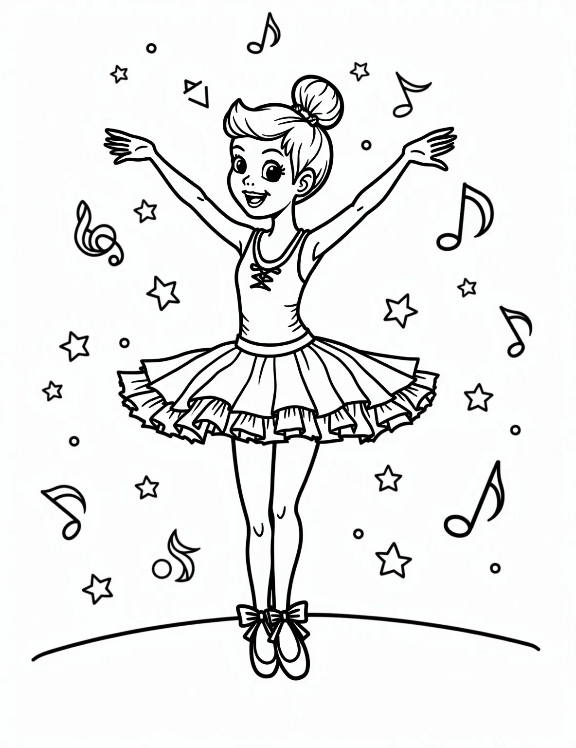 Ballerina Performing a Perfect Pirouette Coloring Page -- prompt: "black lines only Stylized ballerina in mid-pirouette, tutu swirling like a flower. Bold outlines frame her graceful pose. Stars and music notes float around her. Hair in a bun, ribboned slippers. Simplified stage backdrop. Perfect for coloring, with large, clear shapes and patterns. flat black lines, premium coloring page, coloring sheet, line drawing, Coloring Book, NO COLOR, NO SHADING, WHITE BACKGROUND. NO GRAY, BLACK AND WHITE, NO COLOR" -- This dynamic coloring page captures a ballerina in the midst of a flawless pirouette. Her tutu seems to whirl around her, and her arms are perfectly positioned. The expression of concentration on her face adds depth to the image, making it engaging for colorists of all levels.