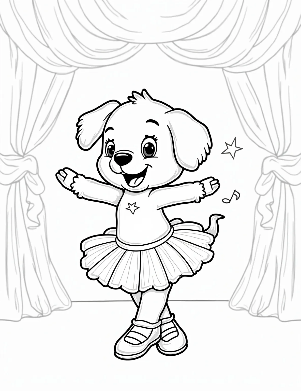 Puppy Ballerina's Dance Recital Coloring Page -- prompt: "black lines only Playful line-art puppy ballerina twirling center stage. Fluffy tutu, oversized ballet slippers. Spotlight beams, swirling curtains frame scene. Stars, music notes float. Thick outlines, simple shapes. Empty spaces await colorful crayons. Joyful expression, wagging tail. Stage floor pattern. flat black lines, premium coloring page, coloring sheet, line drawing, Coloring Book, NO COLOR, NO SHADING, WHITE BACKGROUND. NO GRAY, BLACK AND WHITE, NO COLOR" -- Pirouette into creativity with this graceful puppy coloring page! A dainty puppy ballerina strikes a pose on stage, wearing a tutu and ballet slippers. Stage curtains and a spotlight add theatrical flair to this doggone cute dance scene.