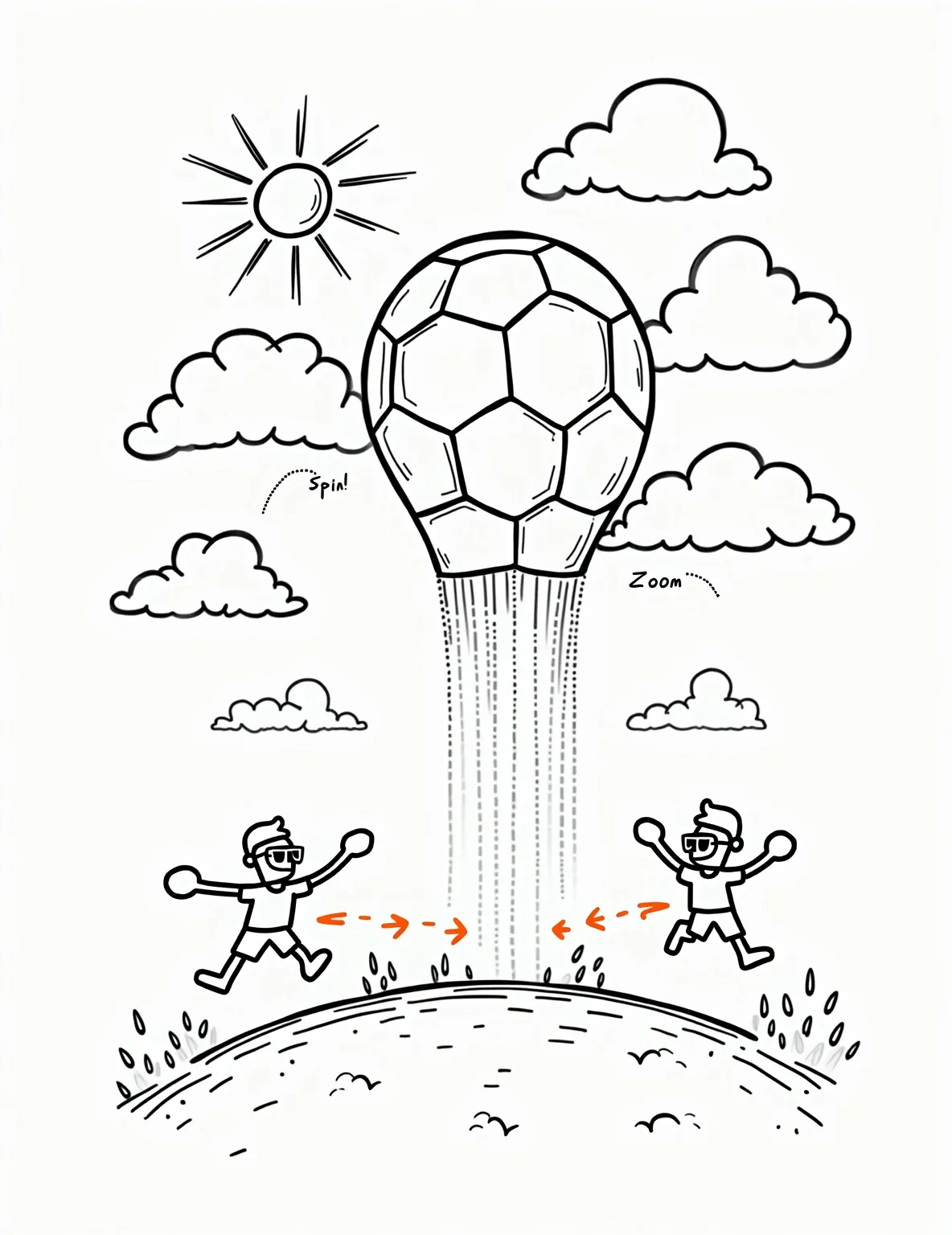 Soccer Ball Physics -- prompt: "black lines only Playful coloring page featuring an oversized soccer ball soaring through clouds. Chunky, bold arrows swirl around, labeled with fun physics terms. Smiling sun, cheering stick-figure players below. Dotted lines trace ball's path. Thick outlines perfect for coloring. Joyful, educational design flat black lines, premium coloring page, coloring sheet, line drawing, Coloring Book, NO COLOR, NO SHADING, WHITE BACKGROUND. NO GRAY, BLACK AND WHITE, NO COLOR" -- This scientific coloring page illustrates the physics of a soccer ball in flight. The ball is shown with arrows and dotted lines indicating forces like spin, air resistance, and gravity. This page is perfect for older kids interested in the science behind soccer.