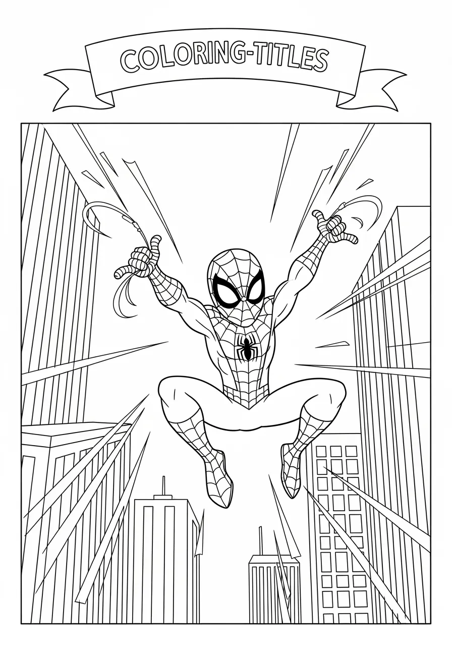 Spiderman Comic Book Cover Coloring Page -- prompt: "black lines only Spiderman swinging dynamically through city skyline, bold black outlines perfect for coloring, classic comic book action pose with web-shooters extended, dramatic speed lines radiating outward, empty title banner space above, cheerful superhero expression, simple clean line art style flat black lines, premium coloring page, coloring sheet, line drawing, Coloring Book, NO COLOR, NO SHADING, WHITE BACKGROUND. NO GRAY, BLACK AND WHITE, NO COLOR" -- Inspired by vintage comic book covers, this design features Spiderman in a bold, heroic pose complete with dynamic action lines and space for children to add their own comic title. The classic composition introduces young artists to comic book art styles while encouraging creativity and imagination. This page is perfect for budding comic book fans who dream of creating their own superhero stories.