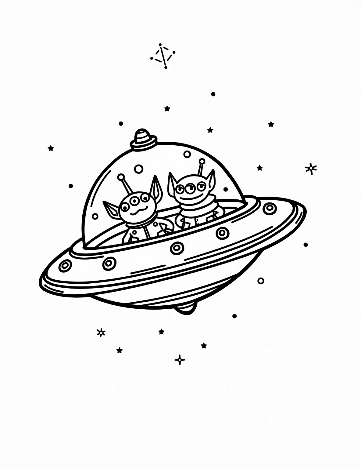 Alien's UFO Adventure Coloring Page -- prompt: "black lines only Playful coloring page featuring three-eyed green aliens from Toy Story piloting a UFO. Bold outlines depict starry night sky, planets, and constellations. Spaceship's interior visible, with funny alien expressions and controls. Simple shapes and patterns perfect for coloring. Cute, child-friendly design capturing movie's charm. flat black lines, premium coloring page, coloring sheet, line drawing, Coloring Book, NO COLOR, NO SHADING, WHITE BACKGROUND. NO GRAY, BLACK AND WHITE, NO COLOR" -- Embark on an out-of-this-world coloring experience with the adorable green aliens from Pizza Planet! This cosmic coloring page features a group of the three-eyed aliens piloting their very own UFO through a star-studded sky. Young space enthusiasts will delight in coloring the quirky aliens and adding their own galactic touches to the background.