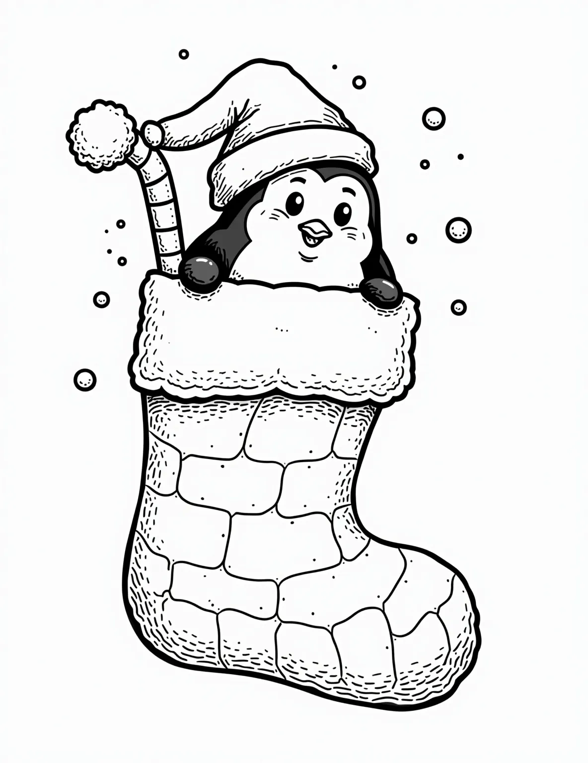 Penguin's Ice Stocking Coloring Page -- prompt: "black lines only Christmas stocking igloo outline with bold black lines. Playful penguin peeking out, surrounded by swirling icicle patterns. Fish scales and bubbles adorn the surface. Empty spaces invite coloring creativity. Festive arctic scene ready for vibrant hues. Joyful holiday coloring page for all ages. flat black lines, premium coloring page, coloring sheet, line drawing, Coloring Book, NO COLOR, NO SHADING, WHITE BACKGROUND. NO GRAY, BLACK AND WHITE, NO COLOR" -- This cool coloring page features a stocking designed like a penguin's icy home. The stocking is shaped like an igloo with a penguin peeking out. Icicles hang from the top, and fish patterns decorate the body of the stocking.