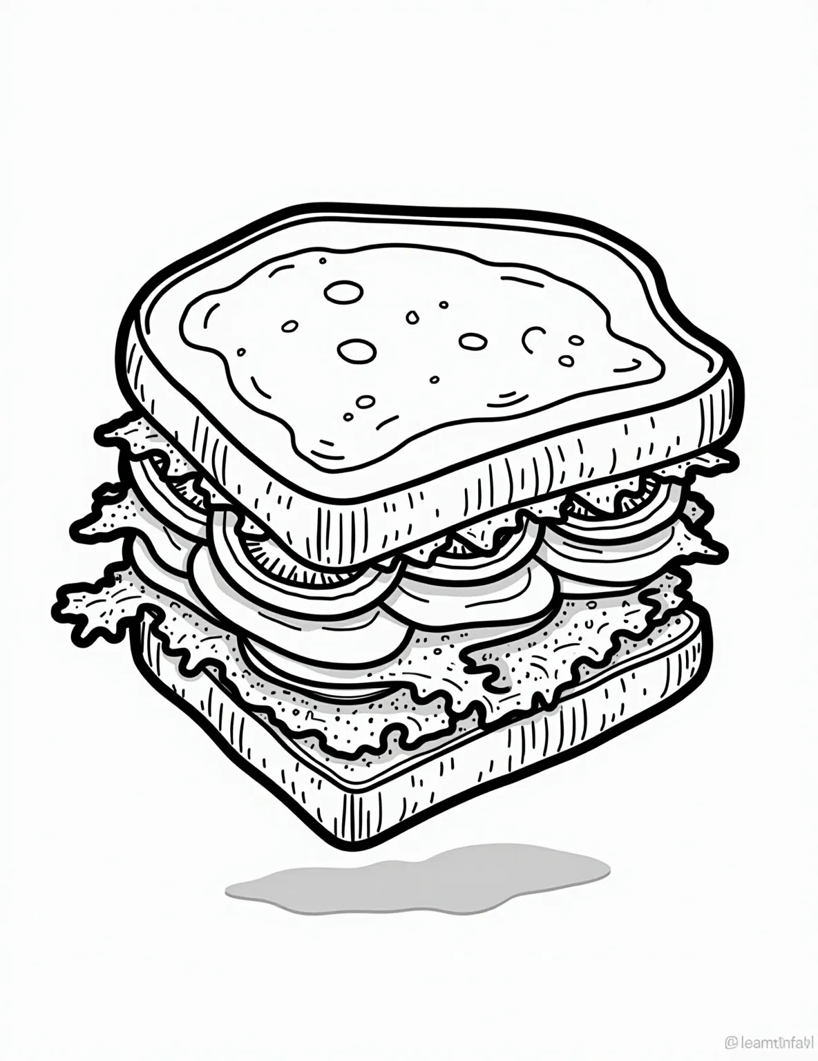 Sandwich Stacker Challenge Coloring Page -- prompt: "black lines only Playful sandwich layers float in a coloring book wonderland. Crisp lettuce waves, cheese slices curl, tomato circles spin, and bread squares dance. Bold outlines define each ingredient, inviting vibrant hues. A whimsical scene of culinary delight awaits eager crayons and imagination. flat black lines, premium coloring page, coloring sheet, line drawing, Coloring Book, NO COLOR, NO SHADING, WHITE BACKGROUND. NO GRAY, BLACK AND WHITE, NO COLOR" -- Build the ultimate sandwich with our Sandwich Stacker Challenge coloring page! Layers of bread, meats, cheeses, and veggies are separated, allowing for creative 'stacking' through coloring. This interactive page encourages imagination and decision-making in a fun, food-themed way.