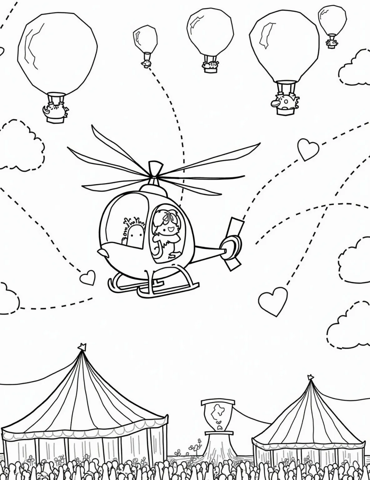 Skye's Balloon Festival Adventure -- prompt: "black lines only Skye's helicopter soars through a sky filled with vibrant hot air balloons. Bold outlines define each element. Balloon shapes vary: stars, hearts, animals. Dotted lines show flight paths. Skye's face beams with excitement. Festival grounds below teem with tiny figures. Coloring book style, fun for all ages. flat black lines, premium coloring page, coloring sheet, line drawing, Coloring Book, NO COLOR, NO SHADING, WHITE BACKGROUND. NO GRAY, BLACK AND WHITE, NO COLOR" -- Join Skye at the Adventure Bay Hot Air Balloon Festival in this colorful coloring page! The scene shows Skye piloting her helicopter among a sky full of vibrant hot air balloons. Children will love adding their own color combinations to the various balloons and Skye's helicopter in this whimsical aerial scene.