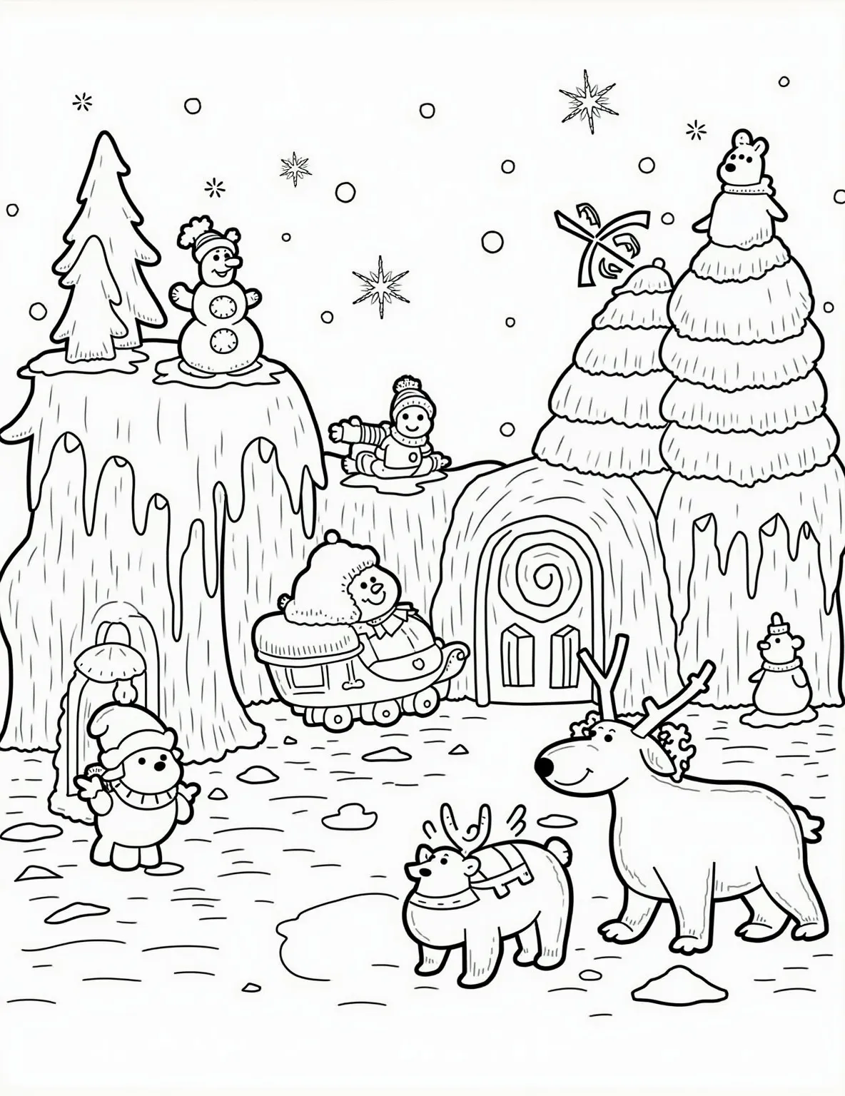 Ice Sculpture Garden Coloring Page -- prompt: "black lines only Playful North Pole ice sculpture garden. Cheerful elves carve frosty masterpieces. Wide-eyed visitors marvel at icy wonders. Simplified outlines perfect for coloring. Snowflakes, candy canes, and polar bears add festive charm. Igloo workshop and Santa's sleigh in background. Bold, chunky shapes invite creative coloring fun. flat black lines, premium coloring page, coloring sheet, line drawing, Coloring Book, NO COLOR, NO SHADING, WHITE BACKGROUND. NO GRAY, BLACK AND WHITE, NO COLOR" -- Explore the magical Ice Sculpture Garden at the North Pole! Talented elf artists carve intricate sculptures of Christmas trees, reindeer, and festive scenes. Visitors admire the glistening creations while sipping on warm beverages.