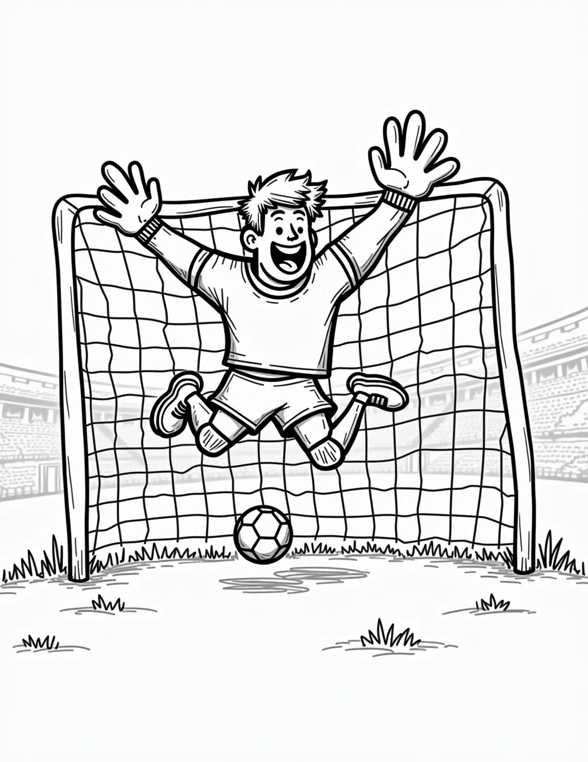 Soccer Goalkeeper in Action -- prompt: "black lines only Bold outlines frame a dynamic soccer scene. Goalkeeper mid-leap, arms outstretched, fingertips grazing ball. Net's crisscross pattern visible. Simplified goal posts. Empty spaces await vibrant colors. Determined expression on keeper's face. Ground line suggests grass. Scene captures moment of athletic prowess, ready for creative coloring. flat black lines, premium coloring page, coloring sheet, line drawing, Coloring Book, NO COLOR, NO SHADING, WHITE BACKGROUND. NO GRAY, BLACK AND WHITE, NO COLOR" -- This exciting coloring page depicts a goalkeeper making a dramatic save. The goalkeeper is leaping through the air, arms outstretched, fingers just touching the ball. The goal post and net are visible in the background, adding context to the scene.