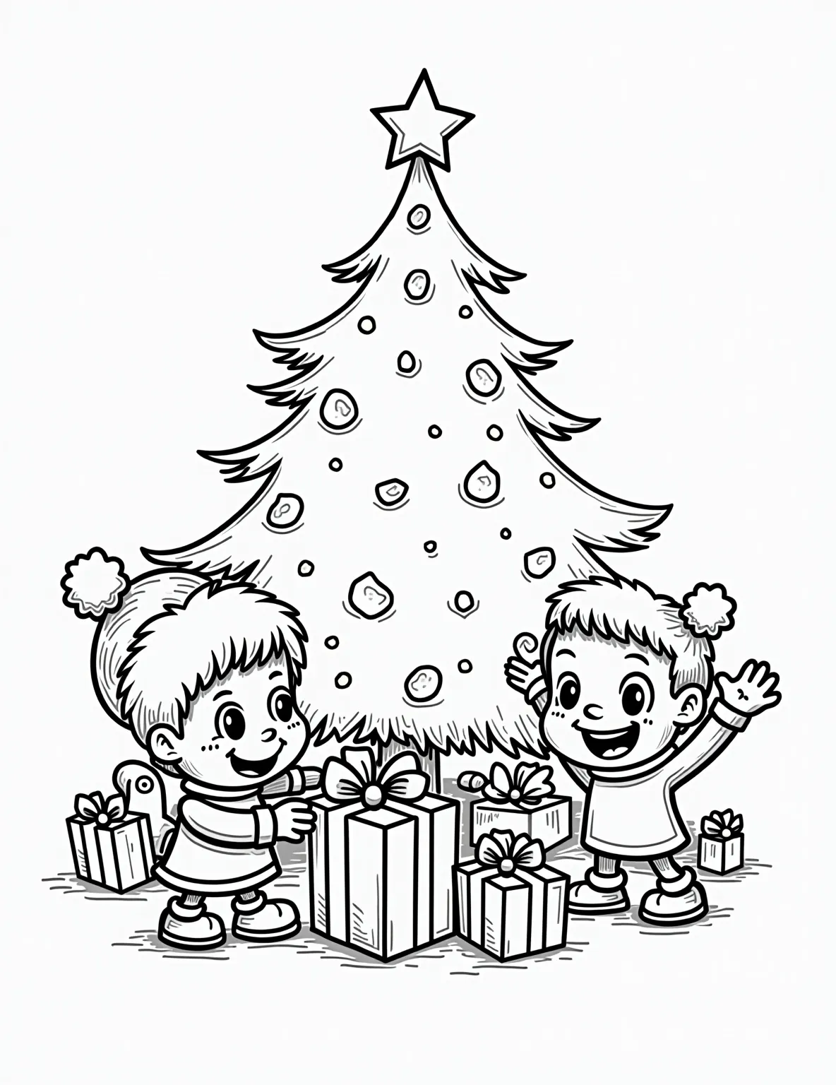 Christmas Morning Surprise Coloring Page -- prompt: "black lines only Adorable cartoon children with wide eyes and beaming smiles discover presents under a stylized Christmas tree. Bold outlines define joyful expressions and festive decorations. Simplified shapes of wrapped gifts, ornaments, and twinkling lights create a playful, easy-to-color scene capturing the magic of Christmas morning. flat black lines, premium coloring page, coloring sheet, line drawing, Coloring Book, NO COLOR, NO SHADING, WHITE BACKGROUND. NO GRAY, BLACK AND WHITE, NO COLOR" -- Capture the joy and excitement of Christmas morning with this heartwarming coloring page. The scene depicts children rushing downstairs to discover presents under the tree, with looks of wonder and delight on their faces. It's a perfect representation of the magic of Christmas for little ones.