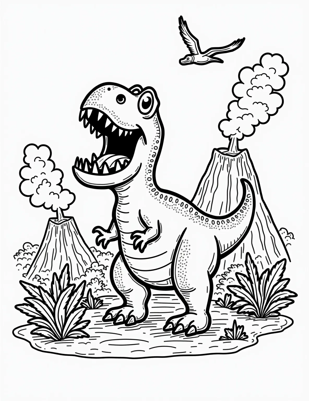 Prehistoric T-Rex Roar Coloring Page -- prompt: "black lines only Cartoon T-Rex with exaggerated teeth and bulging eyes, roaring amidst bold-outlined volcanoes. Simple shapes form prehistoric plants. Thick black lines define dino scales and landscape features. Empty spaces await vibrant colors. Playful pterodactyls soar overhead. Chunky lava flows add excitement. flat black lines, premium coloring page, coloring sheet, line drawing, Coloring Book, NO COLOR, NO SHADING, WHITE BACKGROUND. NO GRAY, BLACK AND WHITE, NO COLOR" -- Travel back in time with this fierce T-Rex coloring page. The powerful stance and open jaws of this prehistoric predator will thrill dinosaur enthusiasts. Great for kids and adults who love ancient creatures and action-packed scenes.