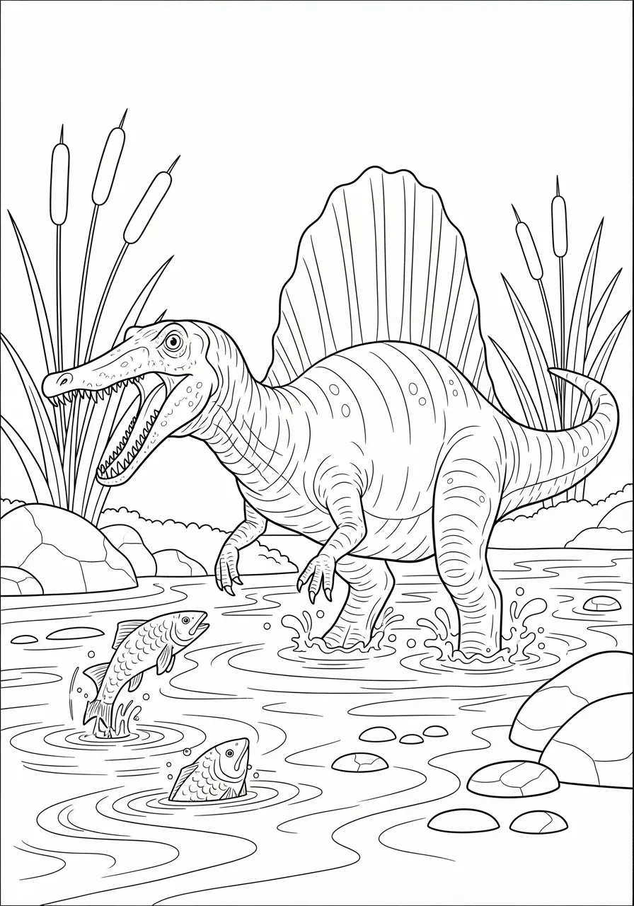 Intricate Spinosaurus River Fishing Coloring Page -- prompt: "black lines only Friendly Spinosaurus dinosaur with large triangular sail fin standing in shallow prehistoric river, crocodile-like snout catching jumping fish, bold black outlines, simple shapes, cheerful expression, water ripples, cattails, rocks, perfect fun coloring book page design flat black lines, premium coloring page, coloring sheet, line drawing, Coloring Book, NO COLOR, NO SHADING, WHITE BACKGROUND. NO GRAY, BLACK AND WHITE, NO COLOR" -- The sail-backed Spinosaurus stands knee-deep in a rushing prehistoric river, using its crocodile-like snout to catch fish while its massive sail catches the morning light. This sophisticated design features complex water patterns, detailed scales, and intricate background elements including fallen logs and riverside vegetation. The scene offers advanced colorists an opportunity to work with water reflections, detailed anatomy, and dynamic natural lighting effects.
