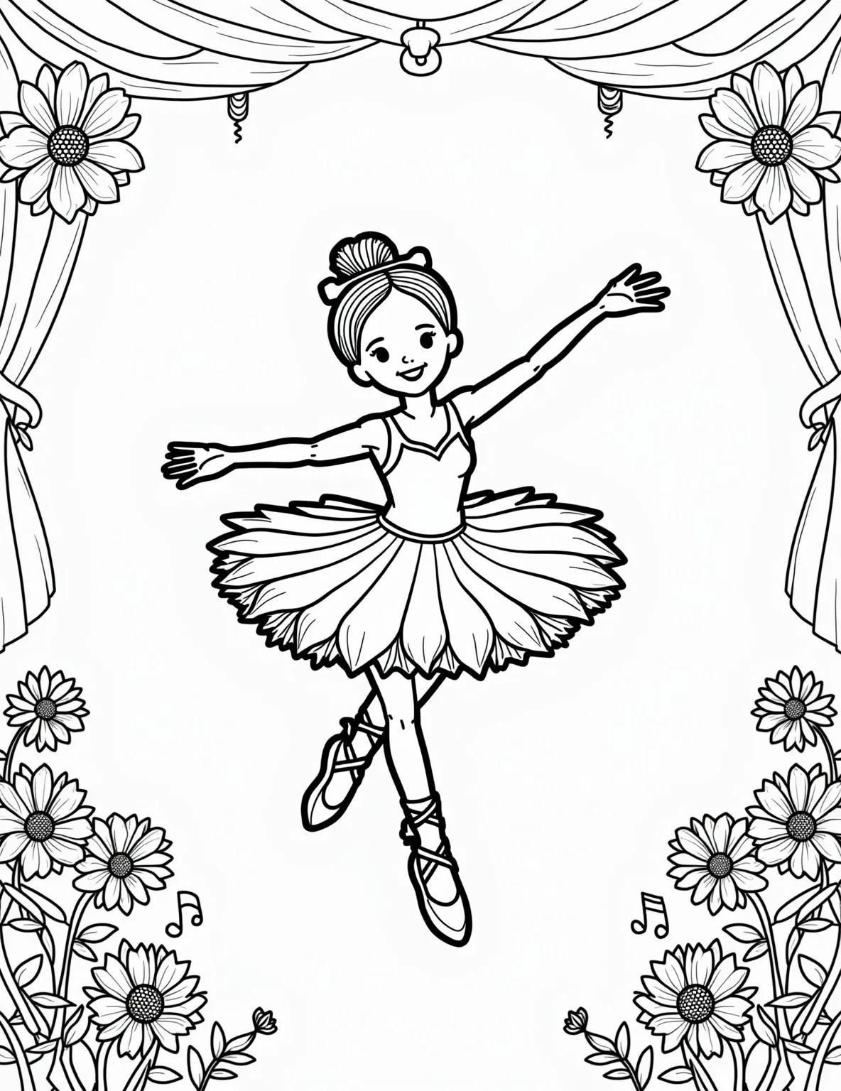 Ballerina's First Solo Performance Coloring Page -- prompt: "black lines only Coloring page: Graceful young ballerina in tutu, pointe shoes, performing pirouette. Simplified outlines, bold stage spotlight, stylized audience silhouettes. Large flowers, musical notes float around. Ribbons frame scene. Blank spaces for coloring. Joyful expression, arms outstretched. flat black lines, premium coloring page, coloring sheet, line drawing, Coloring Book, NO COLOR, NO SHADING, WHITE BACKGROUND. NO GRAY, BLACK AND WHITE, NO COLOR" -- This emotive coloring page captures a young ballerina's first solo performance. She stands center stage, arms gracefully positioned, with a mix of nerves and excitement on her face. The spotlight and suggested audience add to the drama of the moment.