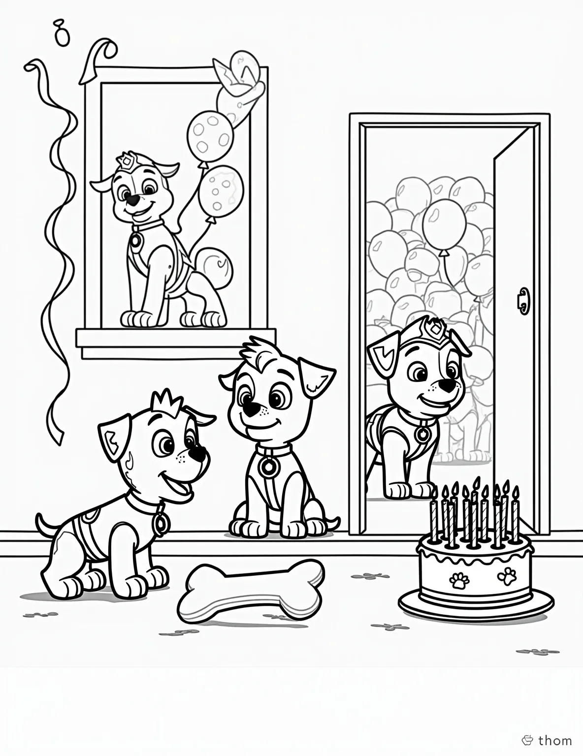 Ryder's Birthday Surprise -- prompt: "black lines only Paw Patrol pups orchestrate surprise party inside Lookout tower. Bold outlines frame cheerful scene: Marshall hangs streamers, Chase inflates balloons, Skye arranges presents. Ryder's silhouette approaches door. Cake with paw-print candles awaits. Empty spaces invite coloring creativity. flat black lines, premium coloring page, coloring sheet, line drawing, Coloring Book, NO COLOR, NO SHADING, WHITE BACKGROUND. NO GRAY, BLACK AND WHITE, NO COLOR" -- Celebrate with the Paw Patrol in this festive coloring page! The scene shows the pups throwing a surprise birthday party for Ryder. Decorations, gifts, and a big cake fill the Lookout tower, while Ryder's expression of joy captures the moment perfectly. This page is great for kids who love party themes and celebrating special occasions.