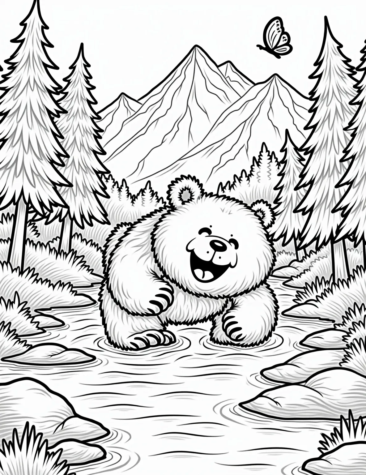 Grizzly's Mountain Stream -- prompt: "black lines only Playful grizzly bear splashing in mountain stream, outlined in bold black strokes. Simplified pine trees and rounded mountains frame the scene. Fish jump, butterflies flutter. Empty spaces await vibrant colors. Cheerful, inviting design for all ages to enjoy coloring. flat black lines, premium coloring page, coloring sheet, line drawing, Coloring Book, NO COLOR, NO SHADING, WHITE BACKGROUND. NO GRAY, BLACK AND WHITE, NO COLOR" -- Experience the raw power of nature with this detailed coloring page. A majestic grizzly bear stands in a rushing mountain stream, surrounded by towering pine trees and rugged peaks. This scene is ideal for older children and adults who enjoy more complex, realistic wildlife illustrations.