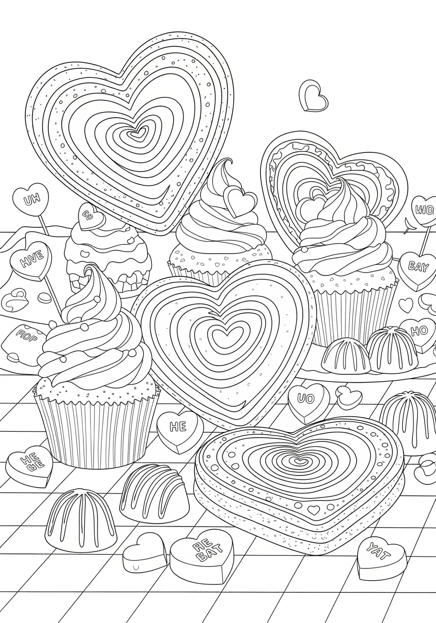 Sweet Valentine Treats Coloring Page -- prompt: "black lines only Fun coloring book style Valentine's Day dessert spread featuring oversized heart-shaped cookies with decorative patterns, cheerful cupcakes topped with swirled frosting, conversation candy hearts displaying sweet messages, chocolate treats arranged playfully across a festive table setting flat black lines, premium coloring page, coloring sheet, line drawing, Coloring Book, NO COLOR, NO SHADING, WHITE BACKGROUND. NO GRAY, BLACK AND WHITE, NO COLOR" -- This mouth-watering coloring page showcases an array of Valentine's Day treats including heart-shaped cookies, cupcakes with love messages, and candy hearts. The detailed illustrations of frosting, sprinkles, and decorative elements will inspire creativity in young bakers and sweet treat enthusiasts. Each treat features unique patterns and designs that make coloring both fun and appetizing.