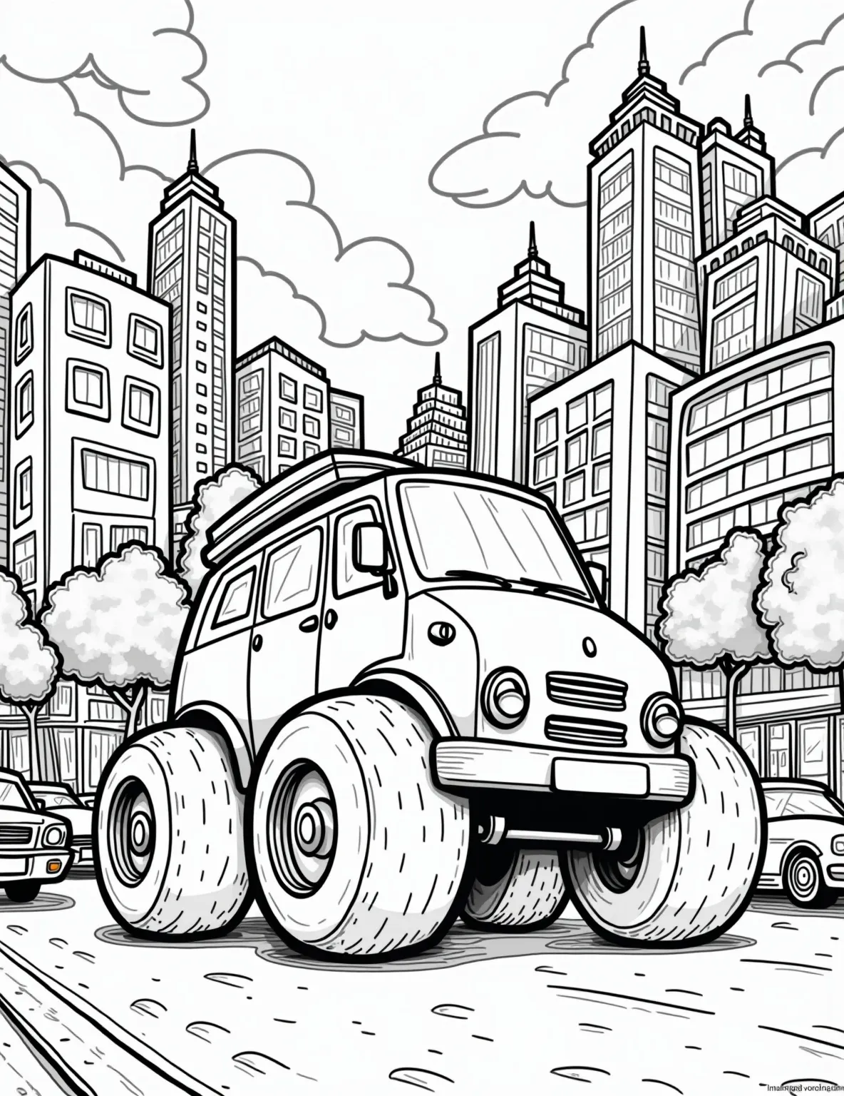 Delivery Van in the City -- prompt: "black lines only Cheerful delivery van with oversized wheels zips through bustling cityscape. Towering skyscrapers with exaggerated windows frame the scene. Quirky cars and bicycles dot the street. Bold outlines and simple shapes create a playful, easy-to-color urban adventure for all ages. flat black lines, premium coloring page, coloring sheet, line drawing, Coloring Book, NO COLOR, NO SHADING, WHITE BACKGROUND. NO GRAY, BLACK AND WHITE, NO COLOR" -- Navigate the urban jungle with this Delivery Van in the City coloring page! This nimble vehicle is shown maneuvering through city streets, ready to make its next delivery. It's ideal for those who appreciate the logistics of urban living and the importance of delivery services.