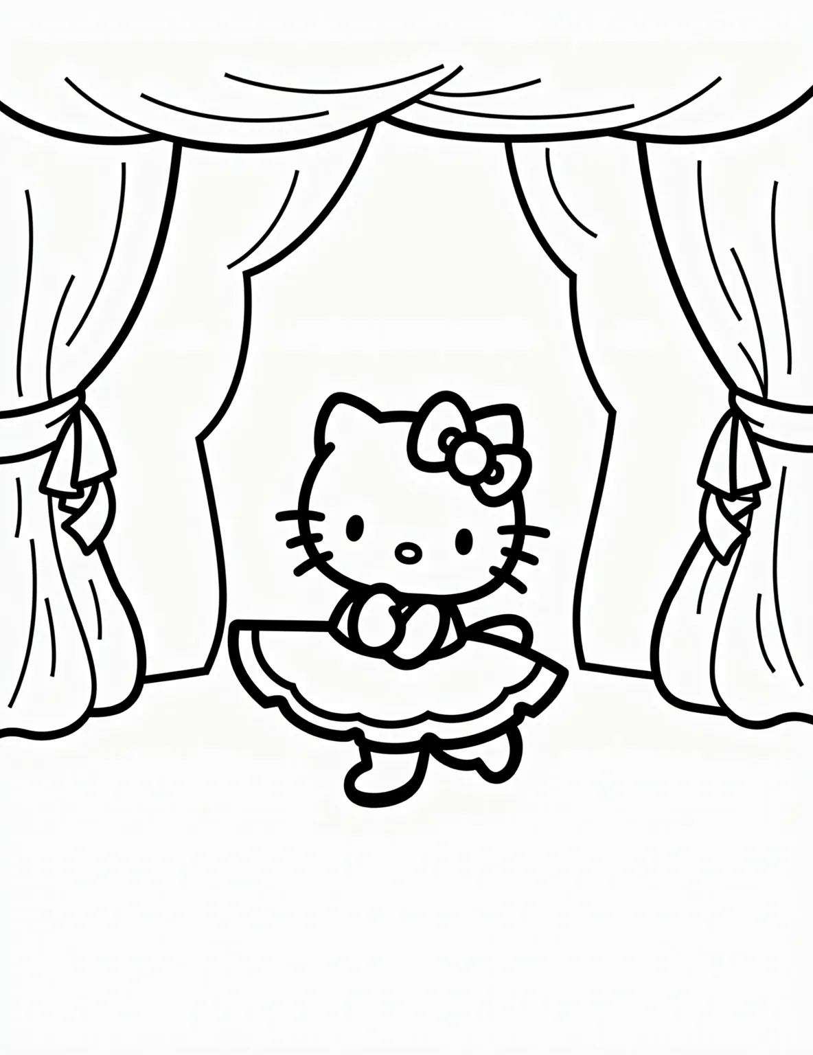 Hello Kitty's Dance Recital -- prompt: "black lines only Hello Kitty pirouettes gracefully in a frilly tutu on a stage adorned with swirling curtains. Spotlights illuminate her charming bow. Simplified audience silhouettes fill the background. Bold outlines and empty spaces await vibrant colors in this delightful dance recital scene. flat black lines, premium coloring page, coloring sheet, line drawing, Coloring Book, NO COLOR, NO SHADING, WHITE BACKGROUND. NO GRAY, BLACK AND WHITE, NO COLOR" -- Twirl and spin with Hello Kitty at her dance recital! This charming coloring page shows her in a beautiful ballet tutu, performing on stage. The scene includes spotlights, curtains, and an audience of her friends cheering her on. It's a lovely page that celebrates the joy of dance and performance.