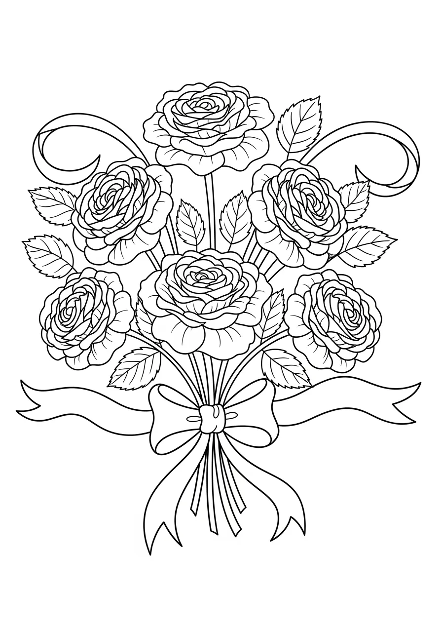 Rose Bouquet with Ribbon Coloring Page -- prompt: "black lines only Fun coloring book page featuring large blooming roses with layered petals, leaves, and stems arranged in cheerful bouquet, wrapped with decorative flowing ribbon bow, thick black outlines, white background, simple shapes perfect for crayons flat black lines, premium coloring page, coloring sheet, line drawing, Coloring Book, NO COLOR, NO SHADING, WHITE BACKGROUND. NO GRAY, BLACK AND WHITE, NO COLOR" -- A stunning bouquet of roses tied with an elegant ribbon creates a timeless Valentine's design. Each rose is carefully detailed with layered petals and thorny stems, while the flowing ribbon adds graceful movement to the composition. This sophisticated design appeals to adult colorists who enjoy floral themes.