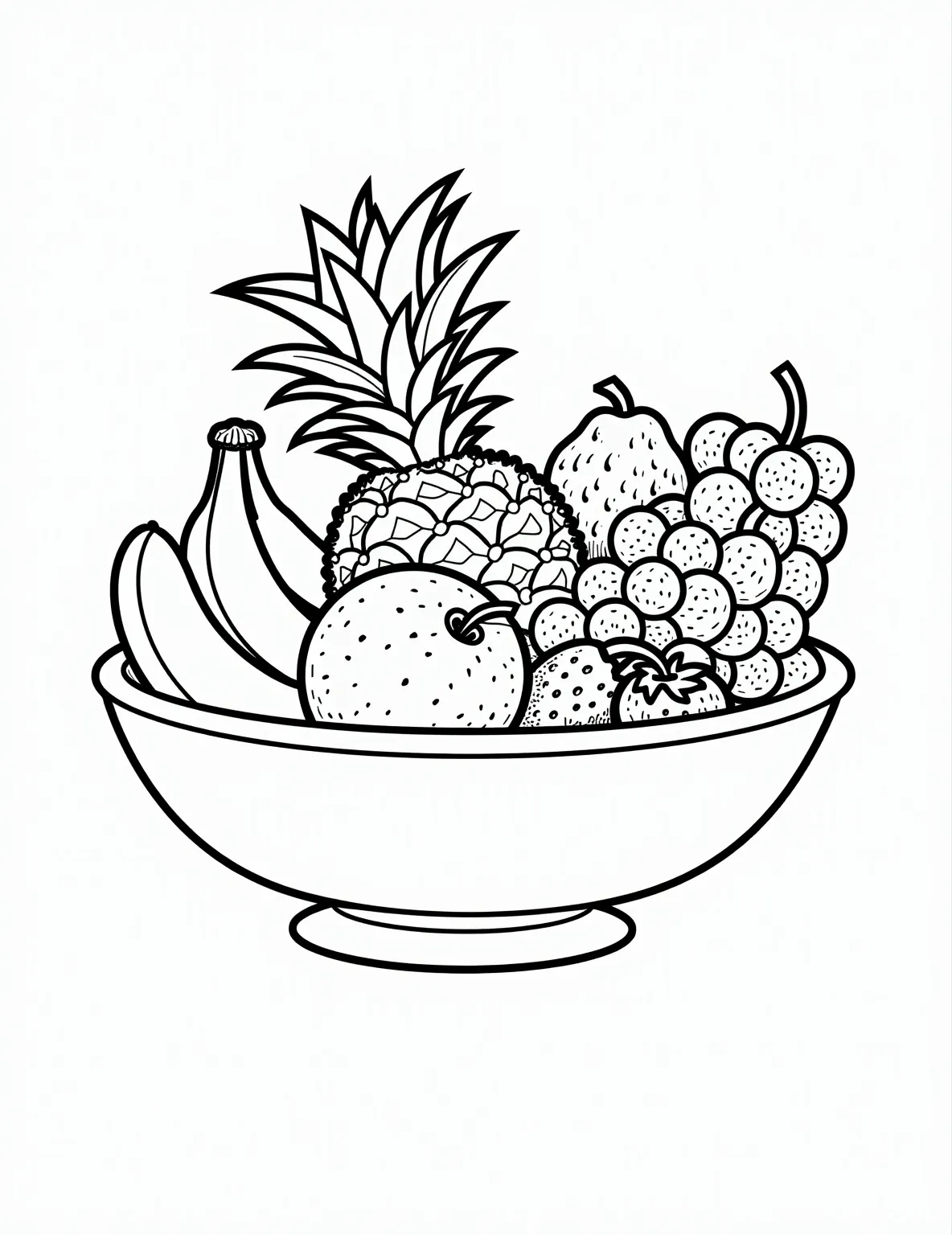 Fruit Salad Symphony Coloring Page -- prompt: "black lines only Vibrant fruit bowl overflowing with juicy slices and whole fruits. Playful, bold outlines define each piece – from curvy bananas to star-shaped carambola. Chunky pineapple wedges nestle beside plump grapes. Cheerful strawberries peek out, inviting colorful creativity. A feast for flat black lines, premium coloring page, coloring sheet, line drawing, Coloring Book, NO COLOR, NO SHADING, WHITE BACKGROUND. NO GRAY, BLACK AND WHITE, NO COLOR" -- Dive into a world of delicious fruits with our Fruit Salad Symphony coloring page! This vibrant scene features a large bowl overflowing with various fruits, each waiting to be brought to life with color. From juicy strawberries to tropical pineapples, this page offers a fun way to learn about different fruits while enjoying a relaxing coloring session.