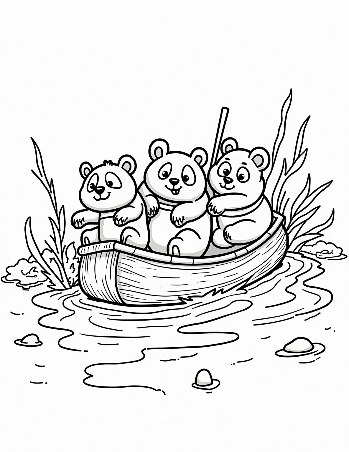 Panda's Bamboo Boat Adventure Coloring Page -- prompt: "black lines only Adorable panda bears navigate a winding river on a bamboo raft. Bold outlines define their round bodies and expressive faces. Chunky bamboo poles and stylized water ripples create a playful scene. Simple shapes and patterns perfect for coloring fill the background. A charming, kid-friendly adventure awaits colorful imagination. flat black lines, premium coloring page, coloring sheet, line drawing, Coloring Book, NO COLOR, NO SHADING, WHITE BACKGROUND. NO GRAY, BLACK AND WHITE, NO COLOR" -- Set sail with this exciting coloring page of pandas on a bamboo raft adventure. The scene depicts pandas navigating a river, using bamboo poles to steer their raft. This page offers the opportunity to create a lush riverside setting and add details to the water and bamboo craft.