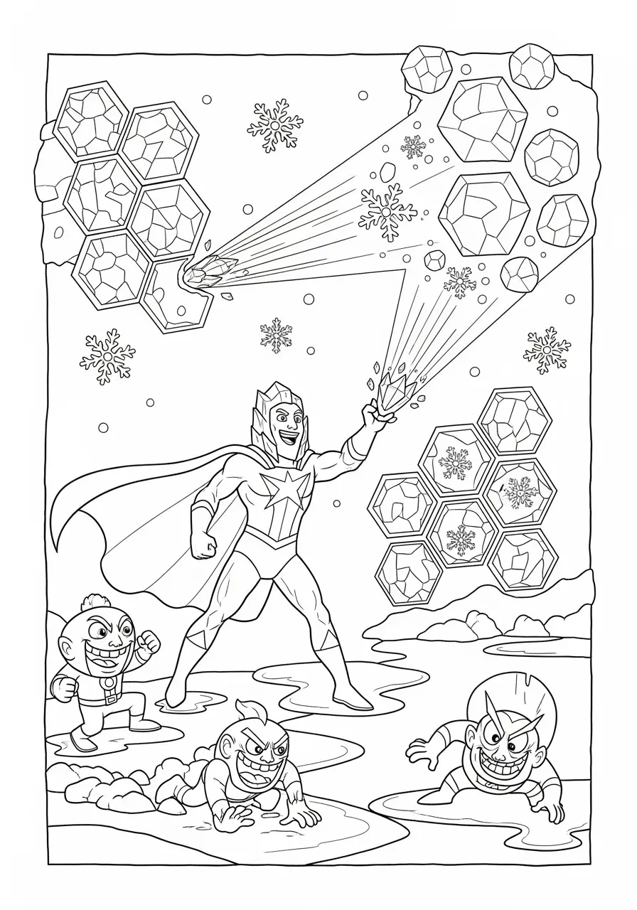 Ice Power Hero Freezing Villains Coloring Page -- prompt: "black lines only Fun coloring book page featuring cheerful superhero with cape shooting sparkling ice beams, creating geometric frozen barriers and snowflake crystals, while cartoon villains slip comically on ice patches, bold black outlines, simple shapes perfect for children flat black lines, premium coloring page, coloring sheet, line drawing, Coloring Book, NO COLOR, NO SHADING, WHITE BACKGROUND. NO GRAY, BLACK AND WHITE, NO COLOR" -- This thrilling coloring page shows a superhero using incredible ice powers to freeze approaching villains in their tracks. The hero stands confidently with arms extended, creating magnificent ice crystals and frozen barriers that sparkle in the light. Kids will have a blast adding cool blues and whites to bring this frosty superhero scene to life.