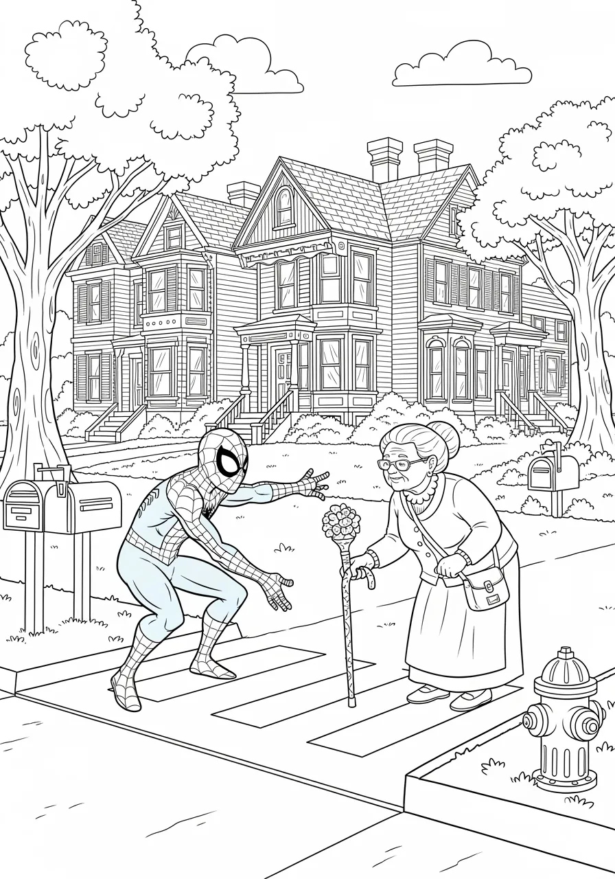 Friendly Spiderman Helping Elderly Coloring Page -- prompt: "black lines only Friendly neighborhood Spider-Man extends his web-gloved hand to a smiling elderly grandmother with a walking cane, crossing a sunny tree-lined street with cheerful houses, bold black outlines, simple shapes perfect for coloring, cartoon style illustration flat black lines, premium coloring page, coloring sheet, line drawing, Coloring Book, NO COLOR, NO SHADING, WHITE BACKGROUND. NO GRAY, BLACK AND WHITE, NO COLOR" -- This touching scene emphasizes Spiderman's role as a community helper, showing him assisting an elderly citizen with everyday kindness and respect. The wholesome neighborhood setting teaches children about the importance of helping others regardless of age or ability. This design beautifully illustrates that being a hero isn't just about fighting villains - it's about caring for your community.