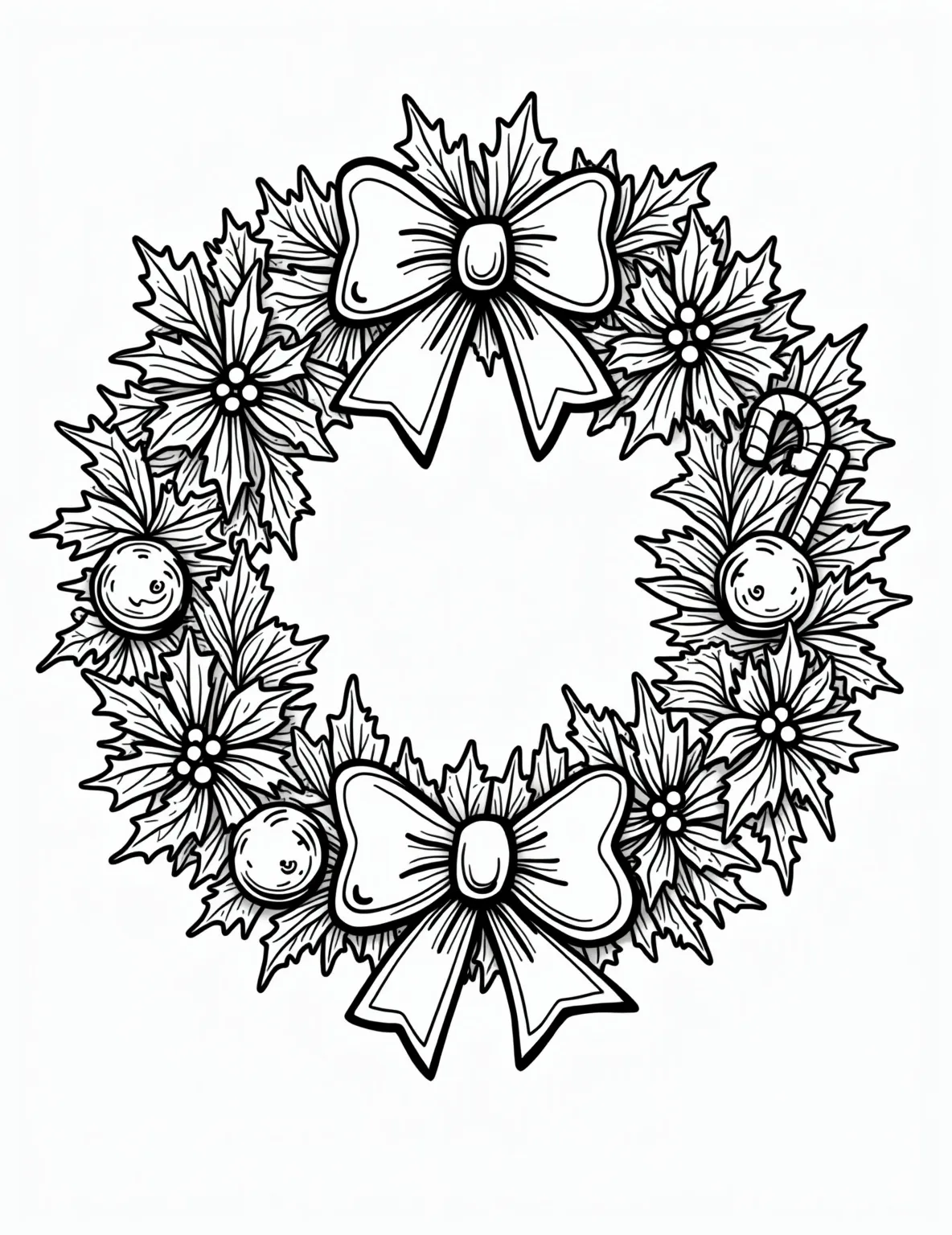 Festive Christmas Wreath Coloring Page -- prompt: "black lines only Festive Christmas wreath outline with bold, chunky shapes. Oversized pinecones, plump holly berries, and exaggerated ribbon bows. Stylized snowflakes, candy canes, and jingle bells scattered throughout. Simple, clean lines perfect for coloring. Cheerful holiday scene inviting creative expression and imagination. flat black lines, premium coloring page, coloring sheet, line drawing, Coloring Book, NO COLOR, NO SHADING, WHITE BACKGROUND. NO GRAY, BLACK AND WHITE, NO COLOR" -- Celebrate the beauty of holiday decorations with this detailed Christmas wreath coloring page. The image features an elaborate wreath adorned with pinecones, berries, ribbons, and other festive elements. This page is great for those who enjoy intricate designs and the artistry of holiday decor.