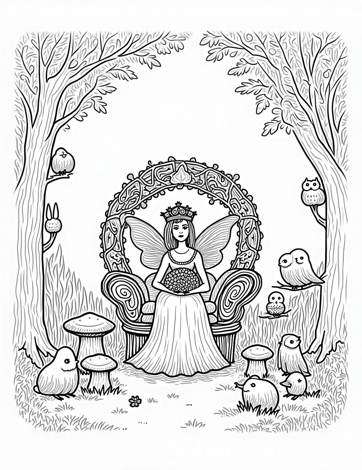 Fairy Queen's Royal Coronation Coloring Page -- prompt: "black lines only Fairy queen's coronation in enchanted forest coloring page. Ornate throne room with swirling vines, mushroom seats. Queen adorned with petal-dewdrop tiara. Fairy subjects with butterfly wings, acorn hats. Woodland creatures peeking from hollow trees. Intricate floral patterns throughout. Fun, whimsical outlines for coloring. flat black lines, premium coloring page, coloring sheet, line drawing, Coloring Book, NO COLOR, NO SHADING, WHITE BACKGROUND. NO GRAY, BLACK AND WHITE, NO COLOR" -- Witness a moment of fairy majesty with this regal fairy queen coronation coloring page. Surrounded by her loyal subjects, the new queen receives her delicate crown of flowers and dewdrops. This elaborate scene offers a challenging and rewarding coloring experience for adults who love intricate details and fairy lore.