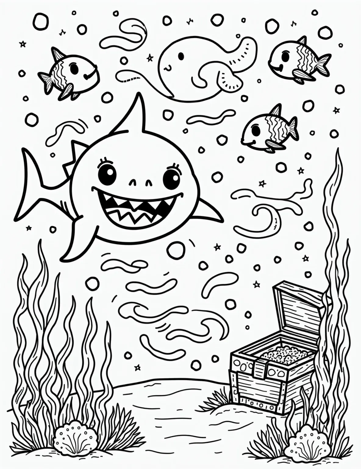 Playful Shark's Underwater Adventure -- prompt: "black lines only Cheerful cartoon shark with exaggerated teeth swims through stylized coral reef. Chunky outlines define shapes, perfect for coloring. Playful fish dart around, seaweed sways. Bold patterns on coral invite creative coloring. Bubbles float upward. Ocean floor hints at hidden treasures. Fun, kid-friendly underwater scene. flat black lines, premium coloring page, coloring sheet, line drawing, Coloring Book, NO COLOR, NO SHADING, WHITE BACKGROUND. NO GRAY, BLACK AND WHITE, NO COLOR" -- Dive into an exciting underwater world with this playful shark coloring page. The friendly shark is surrounded by colorful coral reefs and cheerful fish friends. This page is perfect for young ocean enthusiasts who love to explore the wonders of marine life.