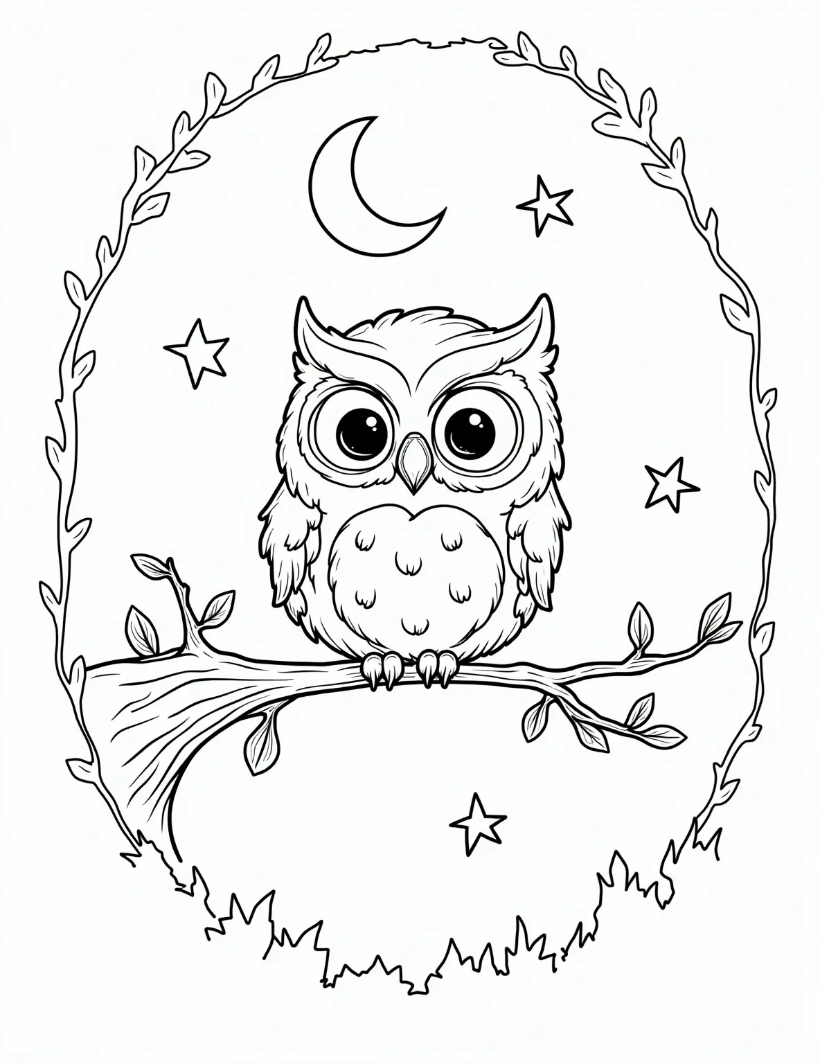 Wise Owl in Moonlit Forest Coloring Page -- prompt: "black lines only Playful owl with big eyes perched on curvy tree branch. Whimsical moon smiling above. Stars twinkling as cartoon constellations. Stylized forest silhouettes frame the scene. Bold outlines perfect for coloring. Magical nighttime adventure awaits in this enchanting coloring page design. flat black lines, premium coloring page, coloring sheet, line drawing, Coloring Book, NO COLOR, NO SHADING, WHITE BACKGROUND. NO GRAY, BLACK AND WHITE, NO COLOR" -- Embrace the night with this mysterious owl coloring page. The wise bird perched on a branch under the moonlight creates an enchanting nocturnal scene. Ideal for those who appreciate night animals and atmospheric coloring pages.